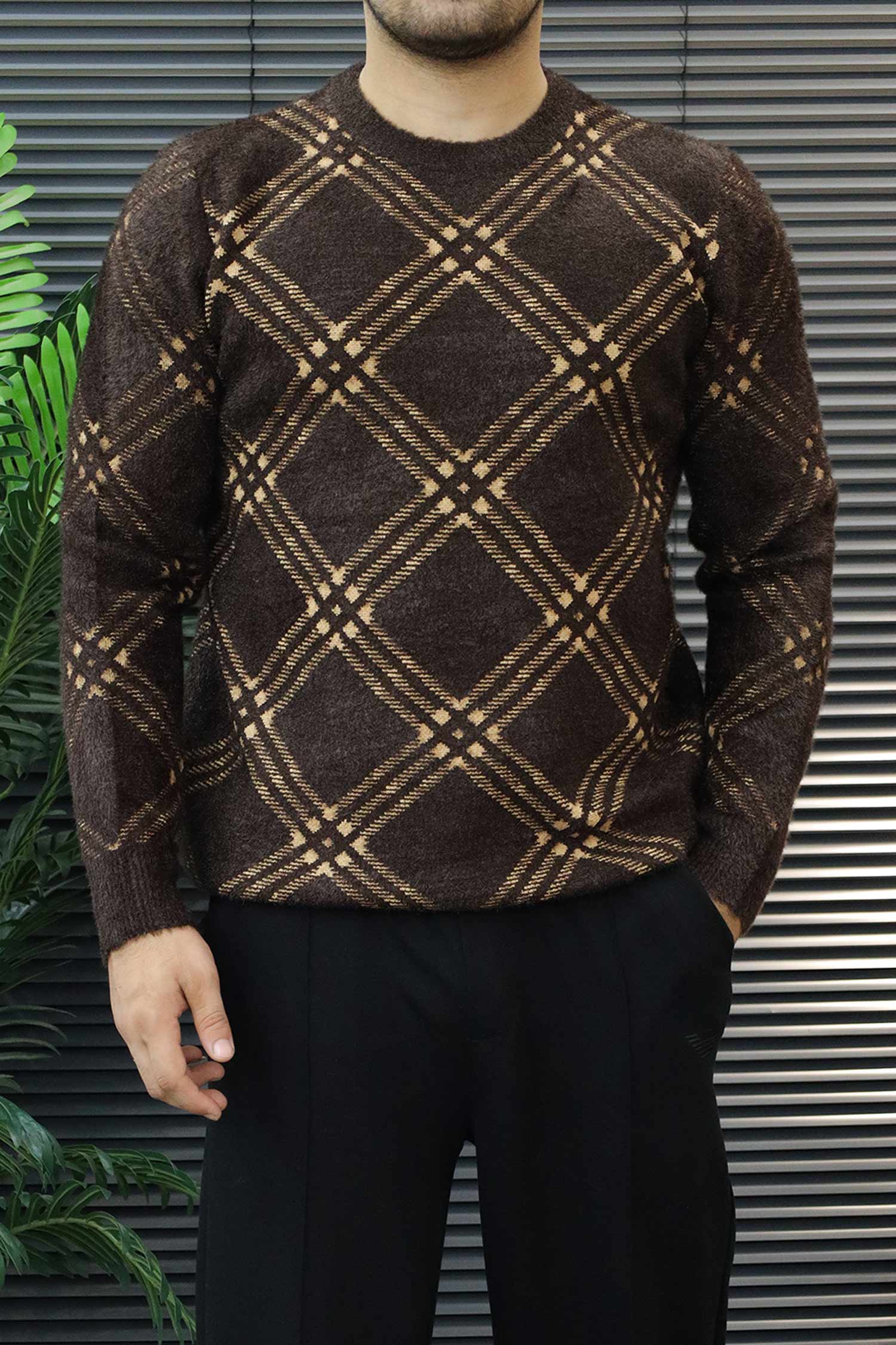 Checkered Plaid Pattern Imported Round Neck Rabbit Wool Men's Sweater In Coffee