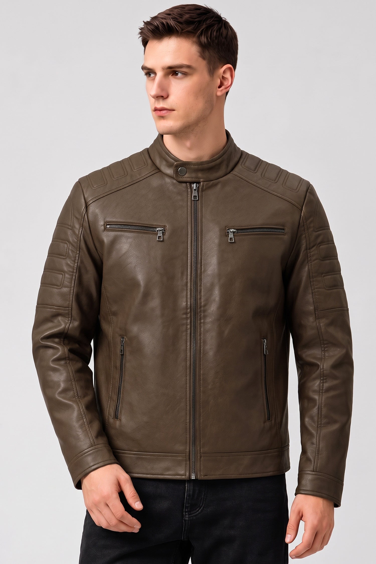 Men's Biker Style Imported Leather Jacket In Coffee