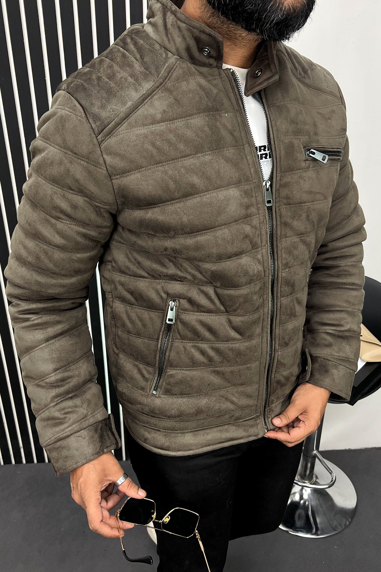 Quilted Pattern Iconic Zipper Men's Suede Jacket