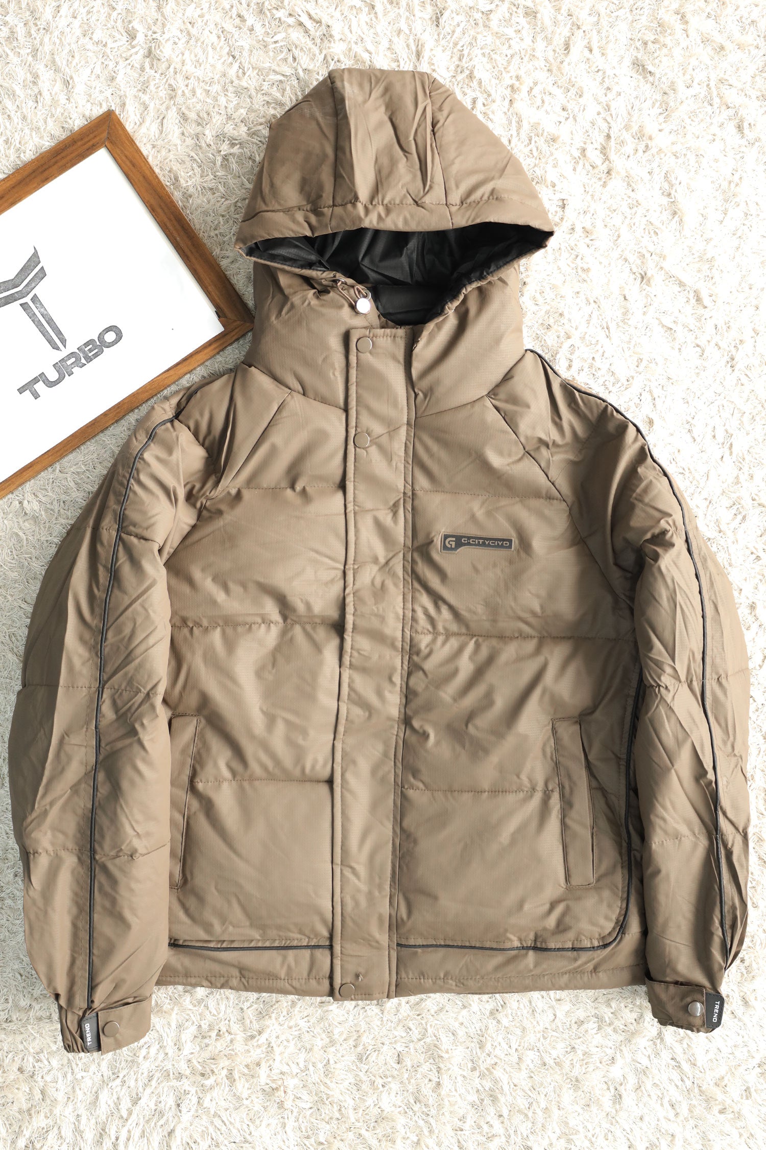 Self Block Pattern Padded Hooded Imported Puffer Jacket