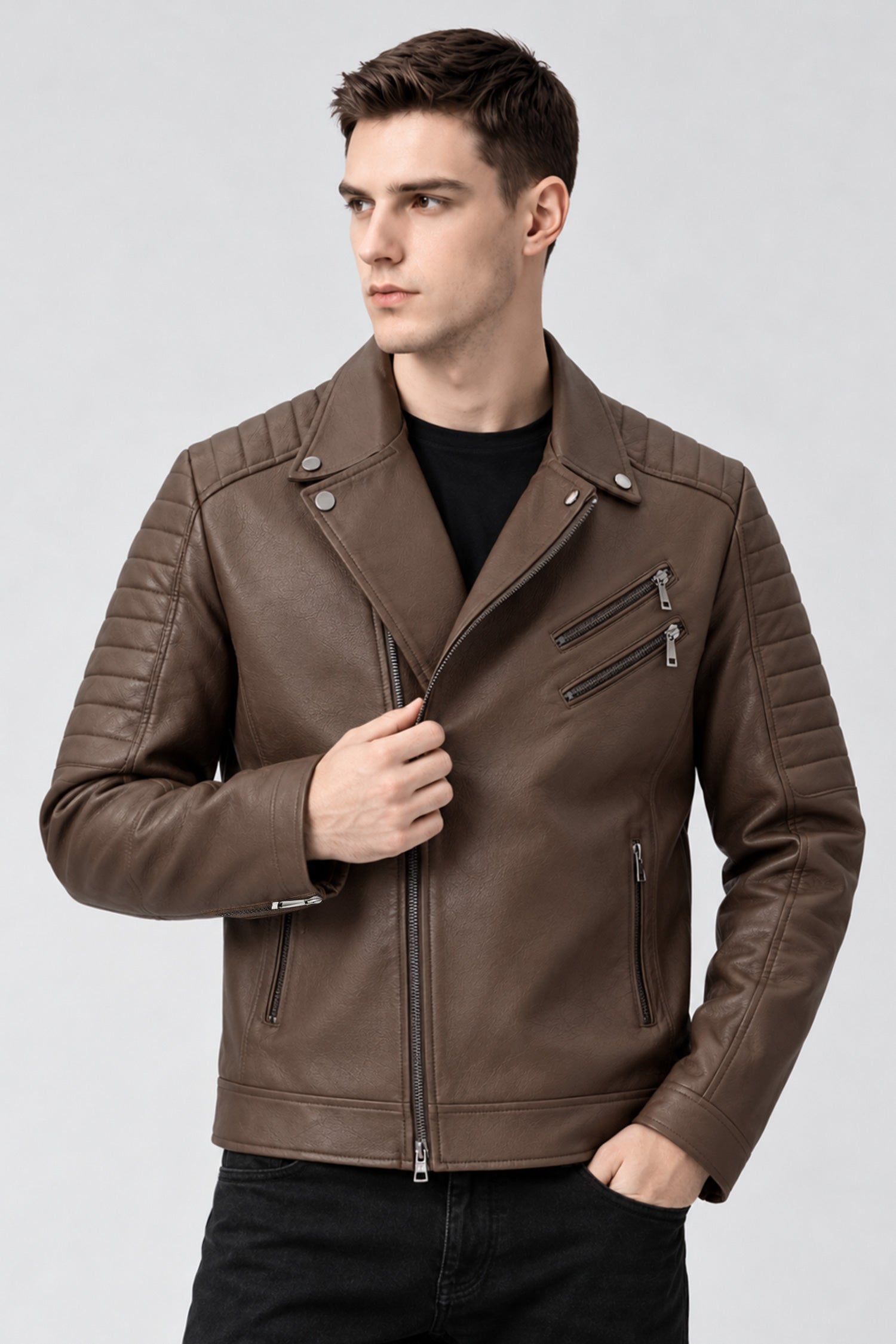 Men's Asymmetrical Zipper Imported Leather Jacket In Coffee