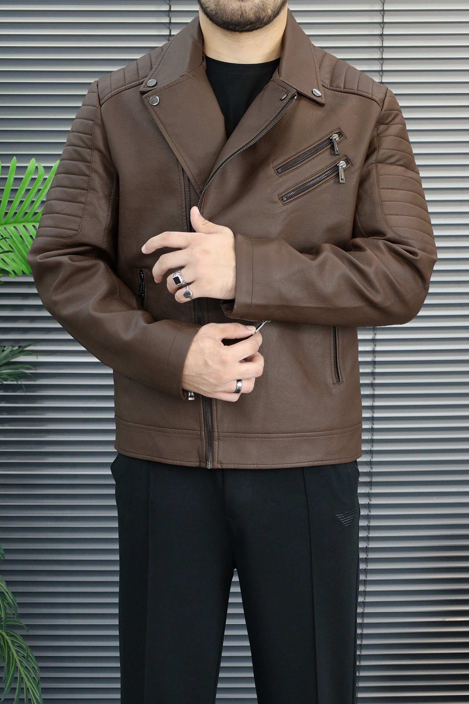 Men's Asymmetrical Zipper Imported Leather Jacket In Coffee