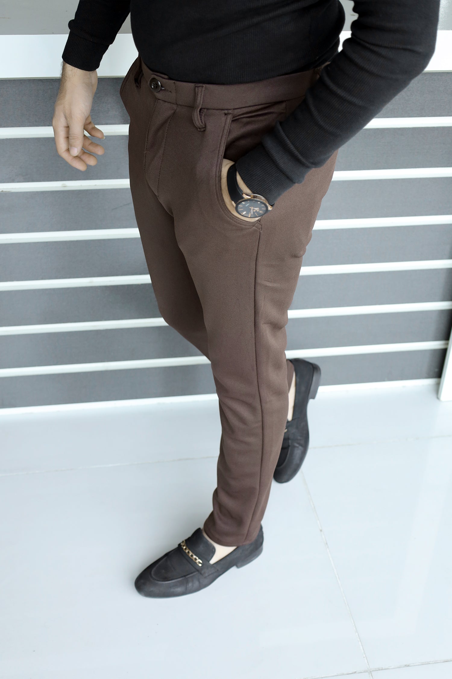 Elegant Self Texture Knitted Cotton Ankle fit Pant In Coffee