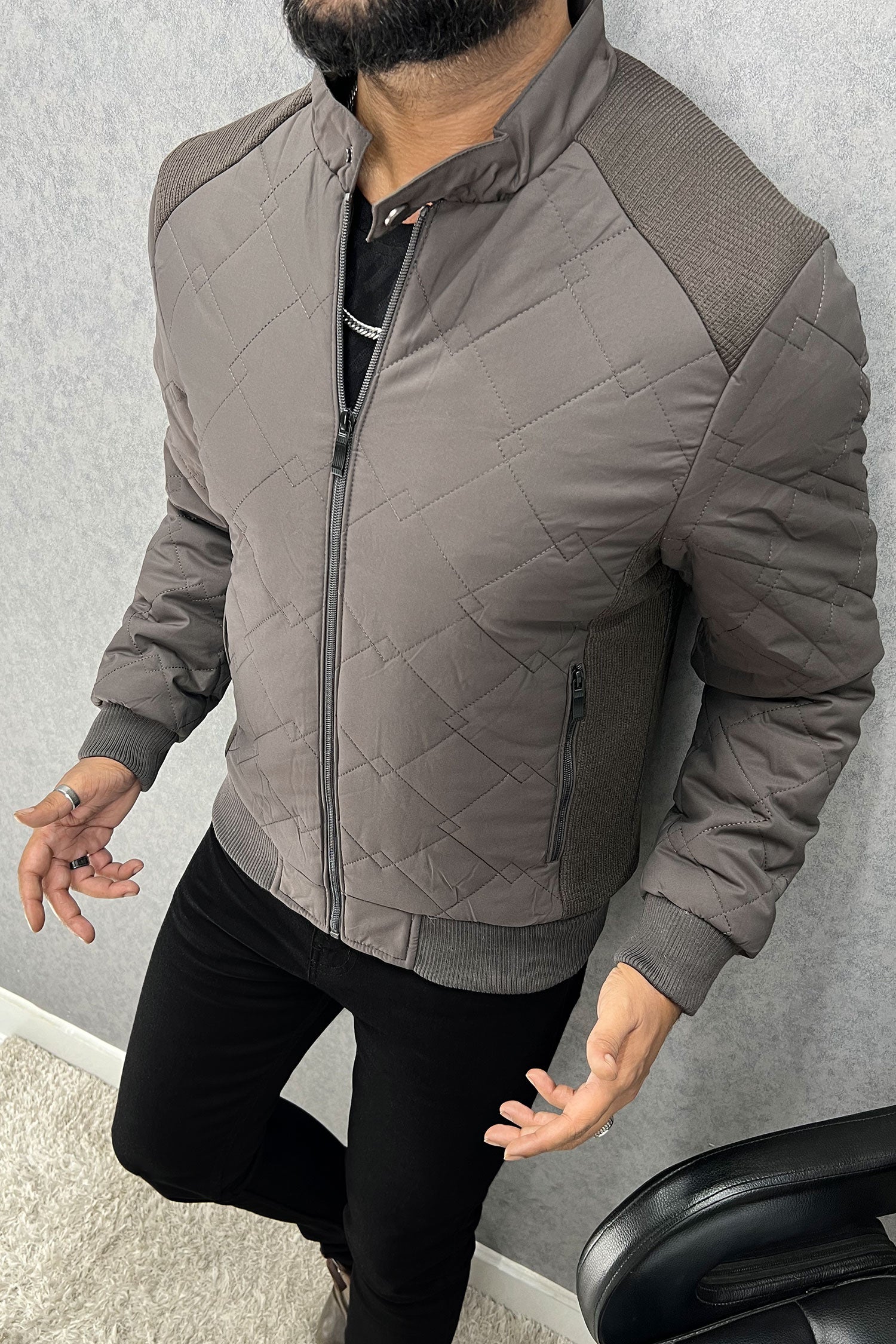 Block Stitch Texture Padded Imported Puffer Jacket