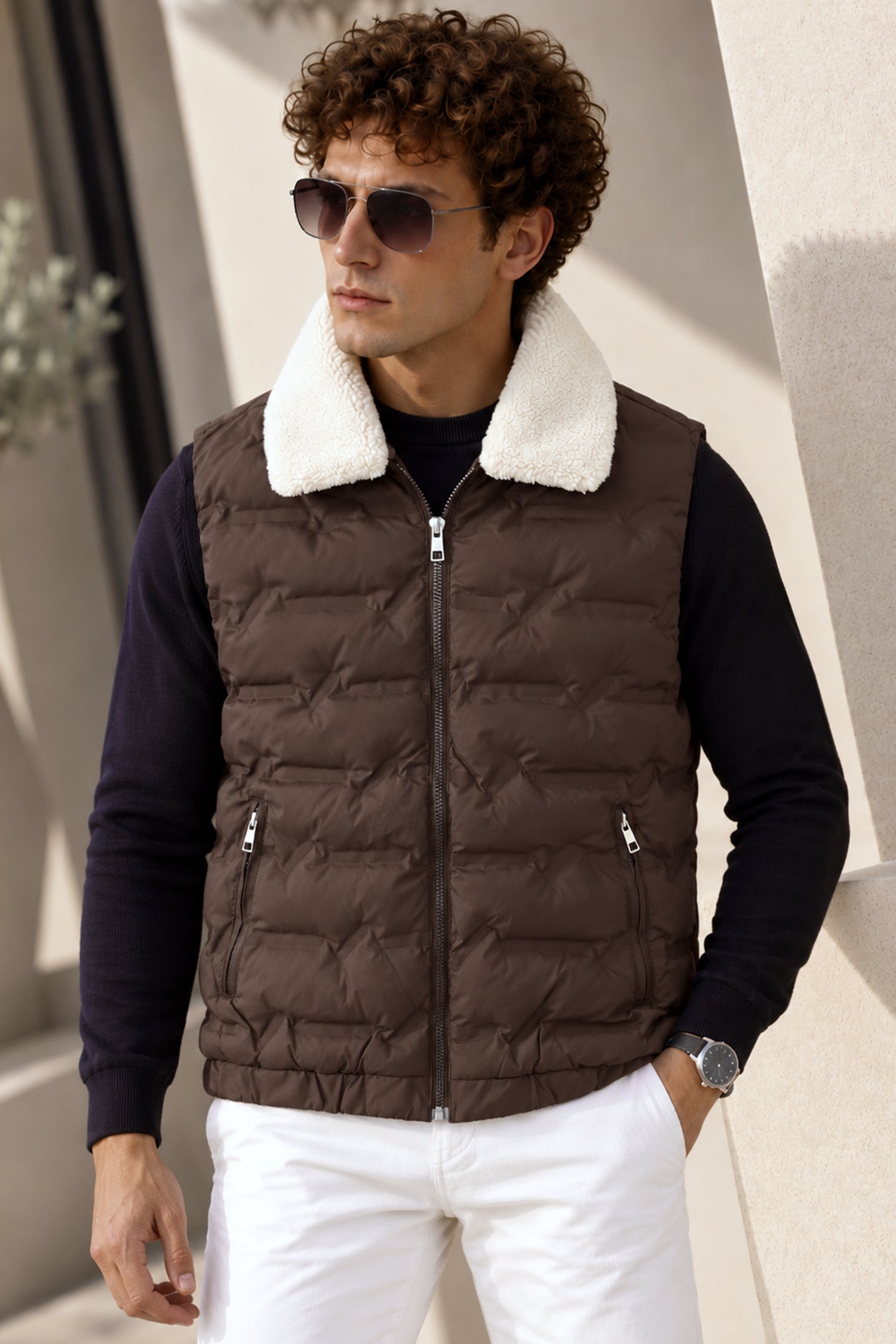 Sherpa Fur Collar Imported Parachute Men's Gilet In Coffee
