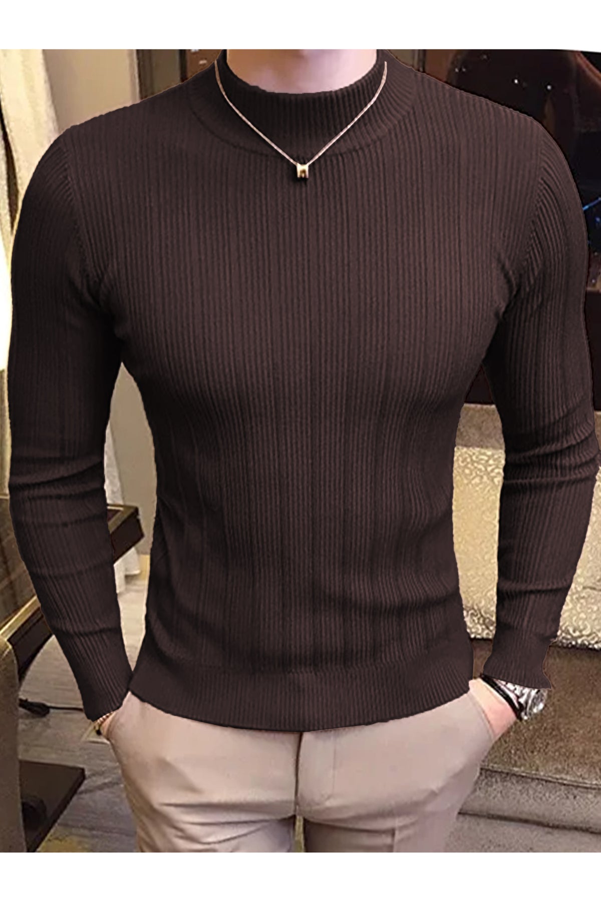 Fashion Slim Striped Motif Mock Neck Men's Sweatshirt