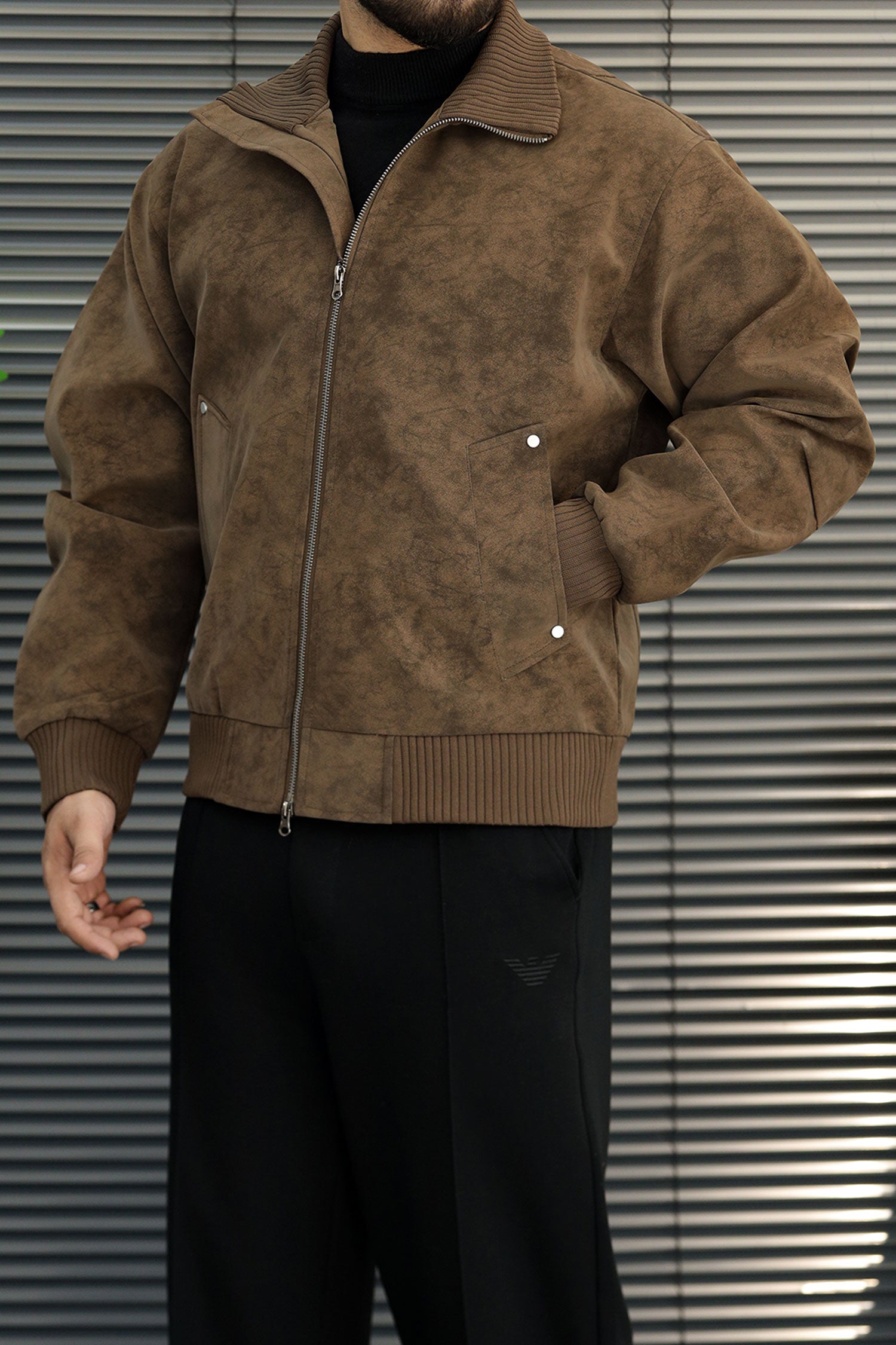 Men's Affordable Sweat Suede Leather Jacket In Coffee