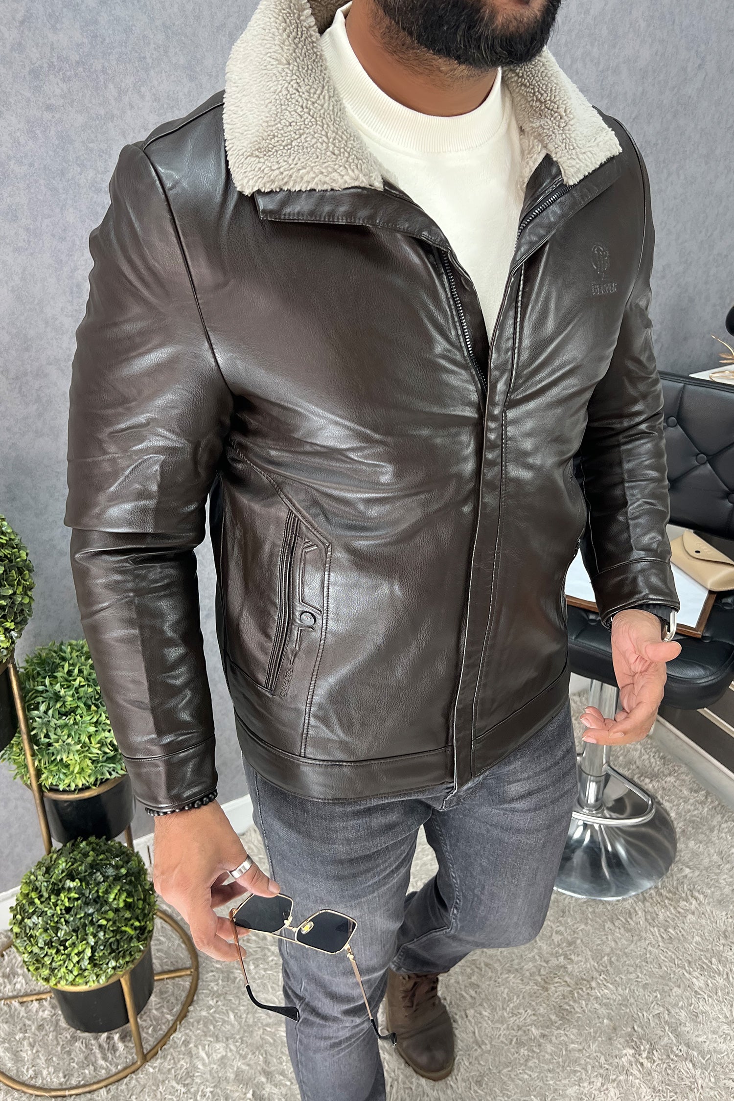 Trendy Full Fur Collar Men's Imported Leather Jacket