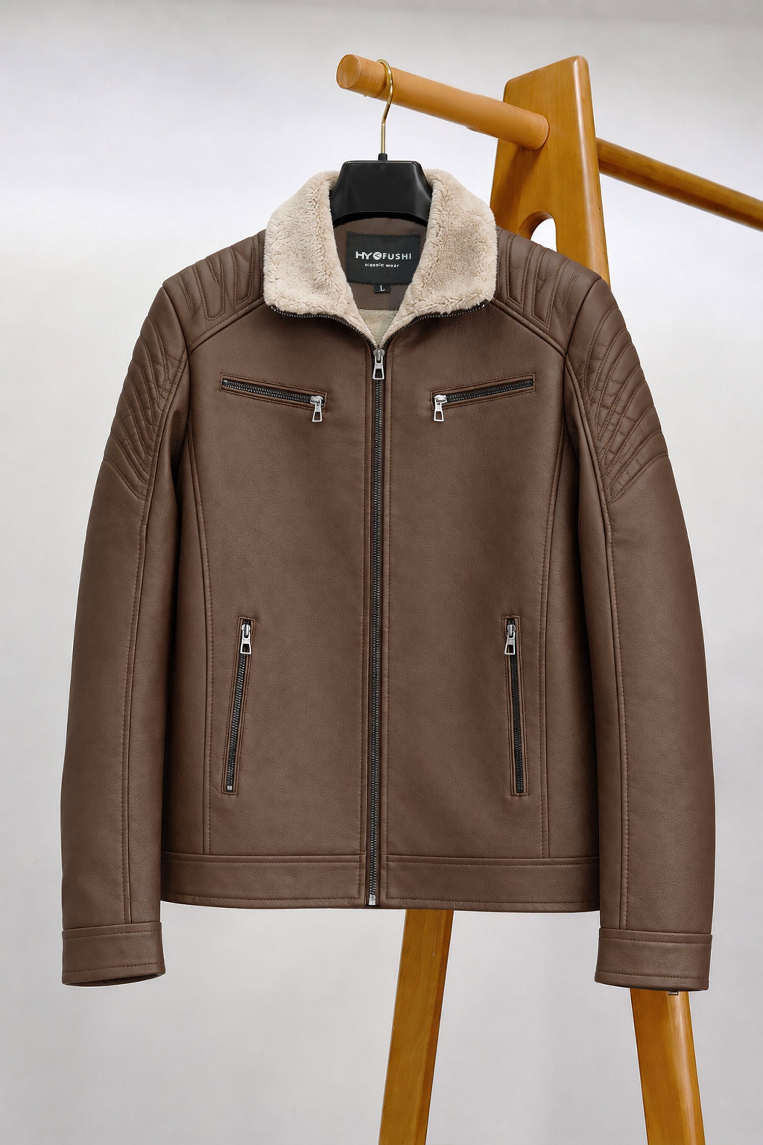 Men's Casual Multi-Pocket Zipper Imported Leather Jacket In Coffee