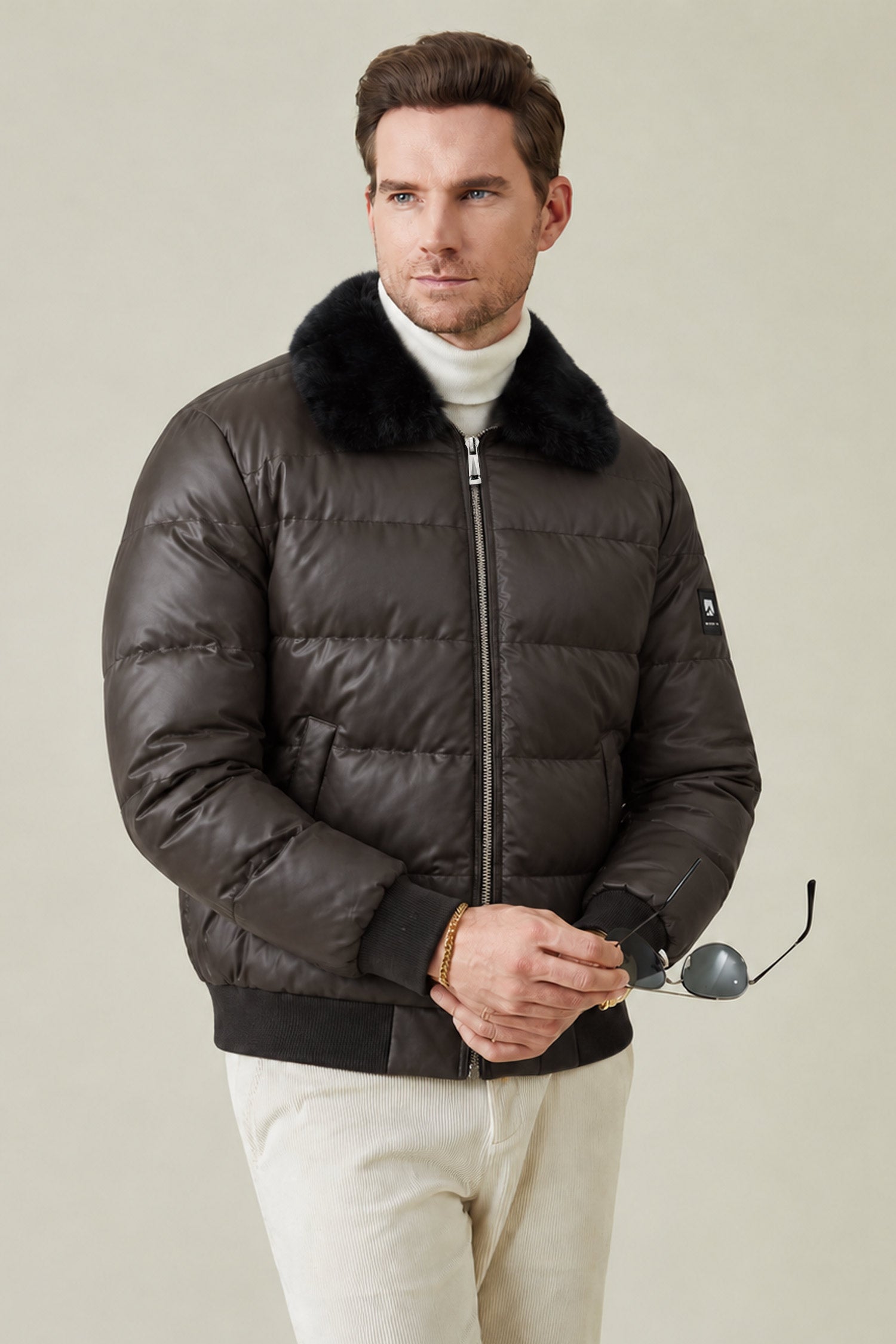 Men's Relaxed-Fit Solid Retro Imported Pu Puffer Jacket
