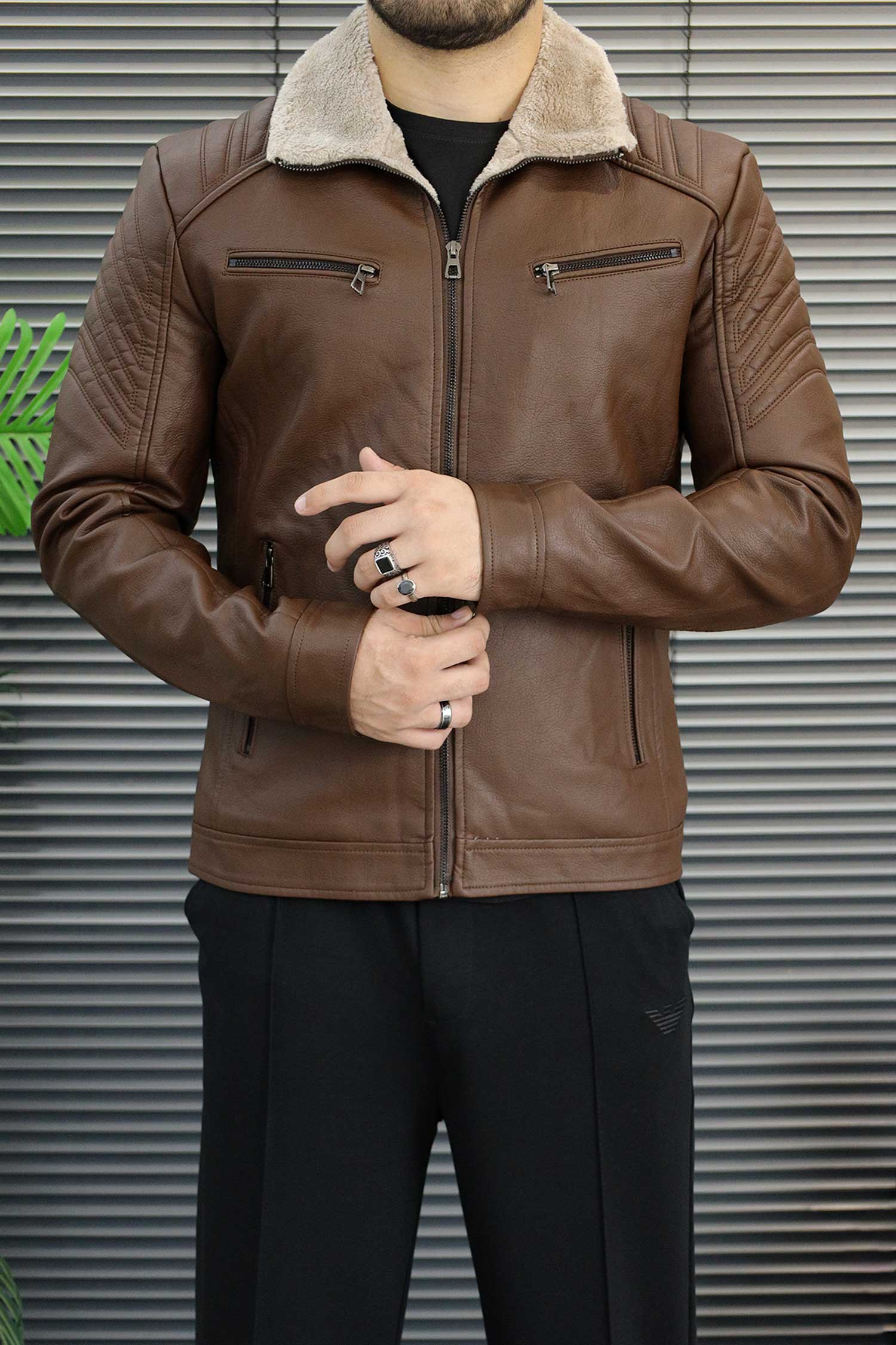 Men's Casual Multi-Pocket Zipper Imported Leather Jacket In Coffee