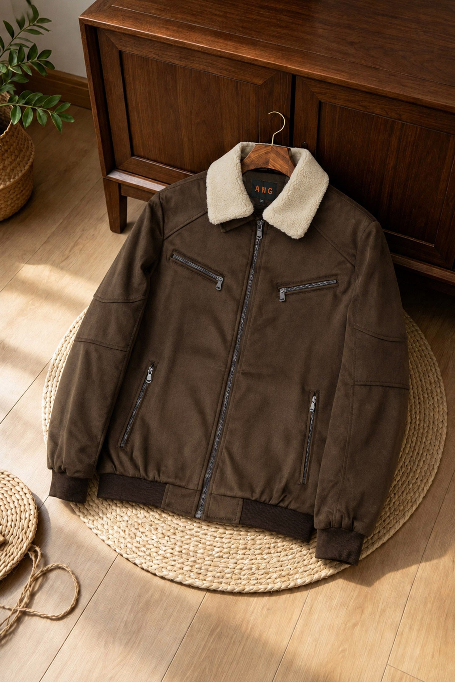 Men's Neutral Faux Imported Suede Jacket In Coffee
