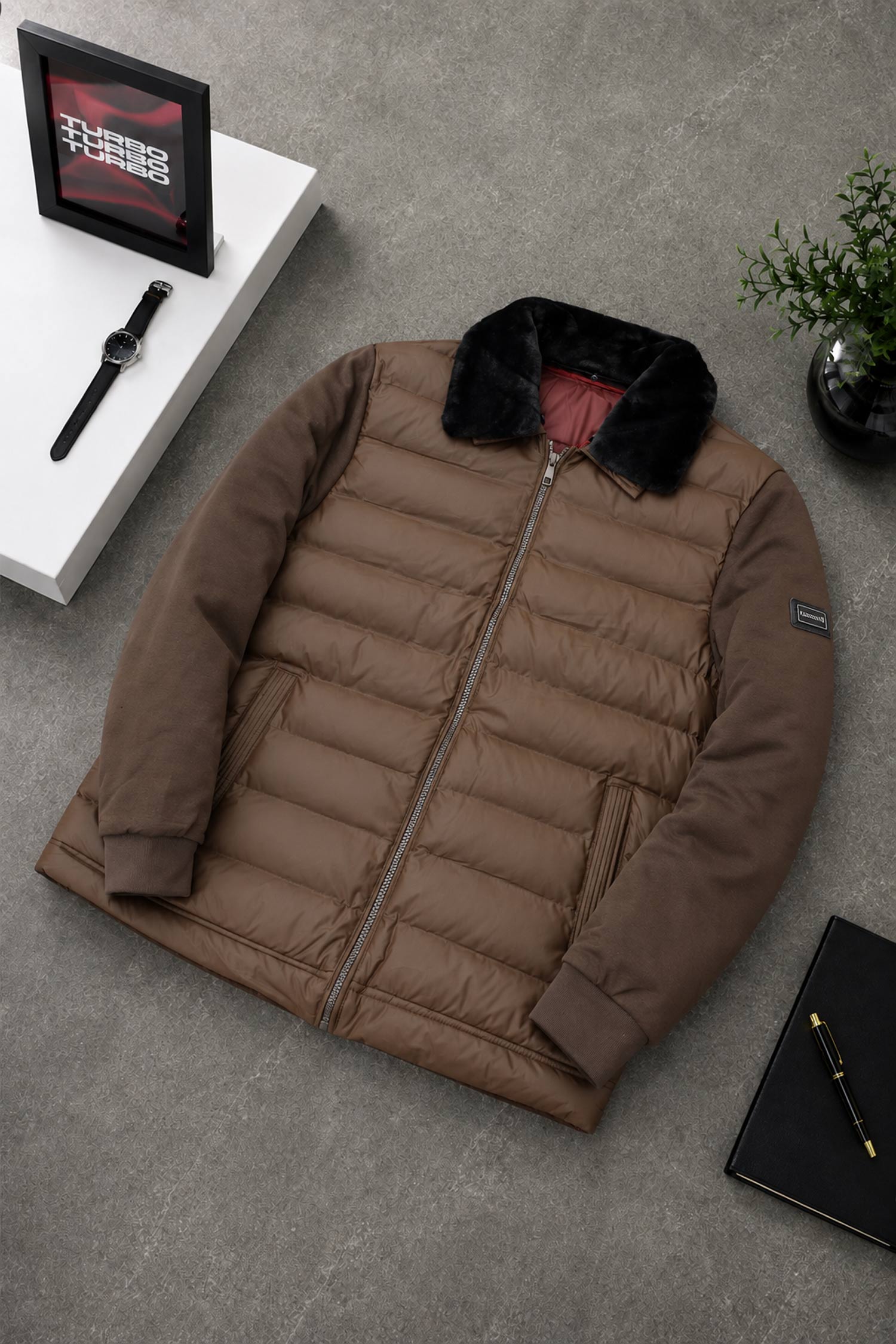 Men's Quilted Bomber Imported Pu Puffer Jacket In Coffee