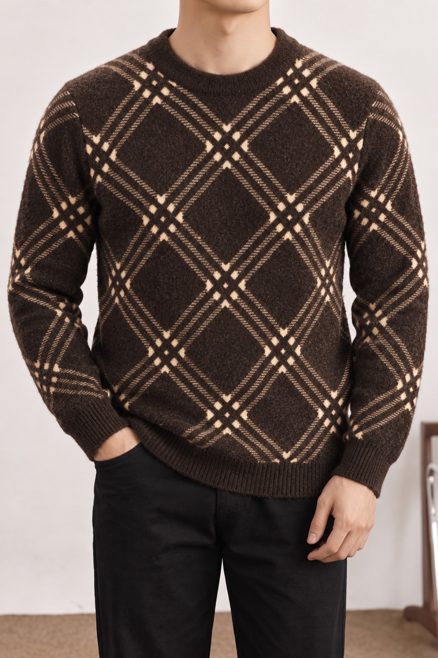 Checkered Plaid Pattern Imported Round Neck Rabbit Wool Men's Sweater In Coffee