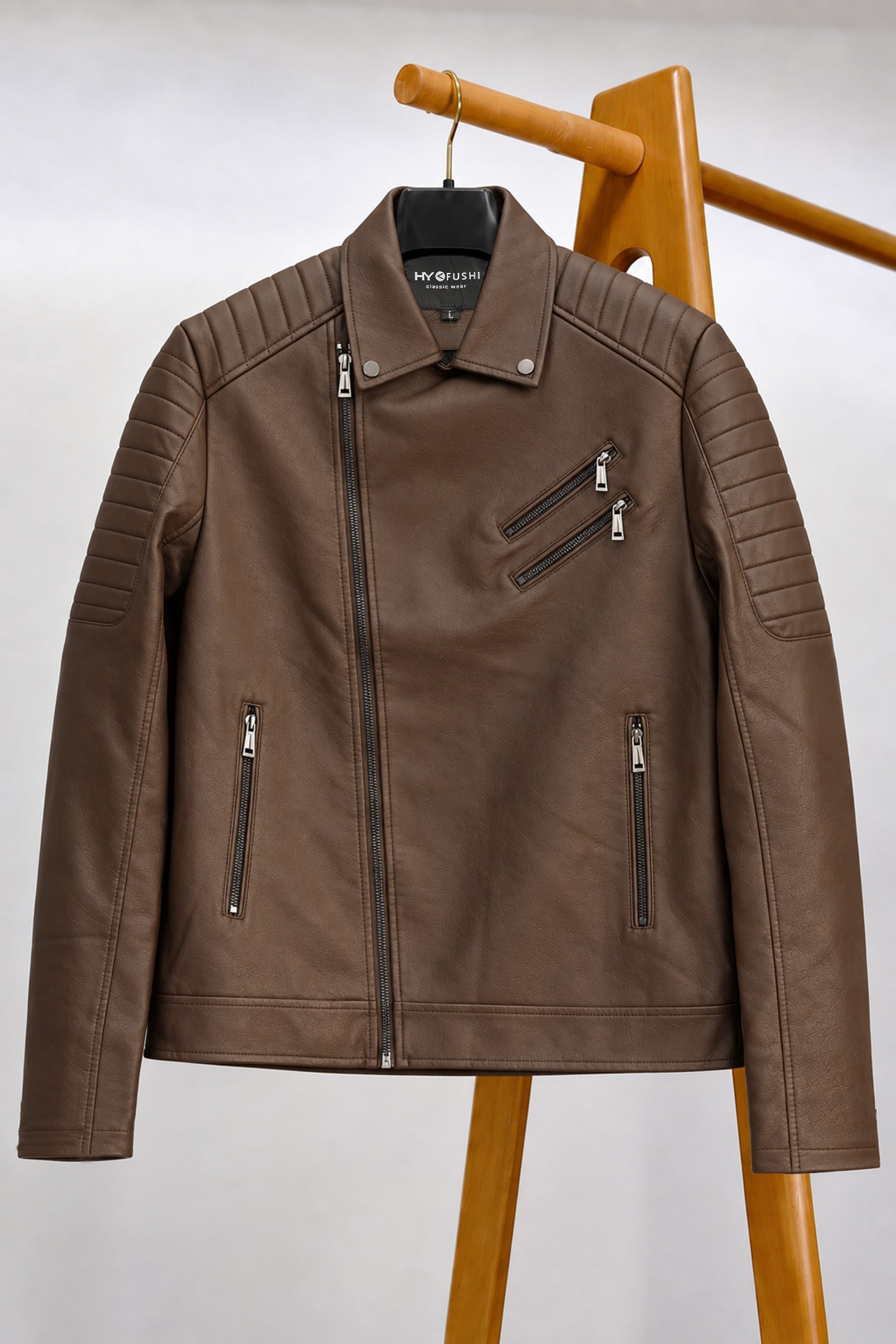 Men's Asymmetrical Zipper Imported Leather Jacket In Coffee