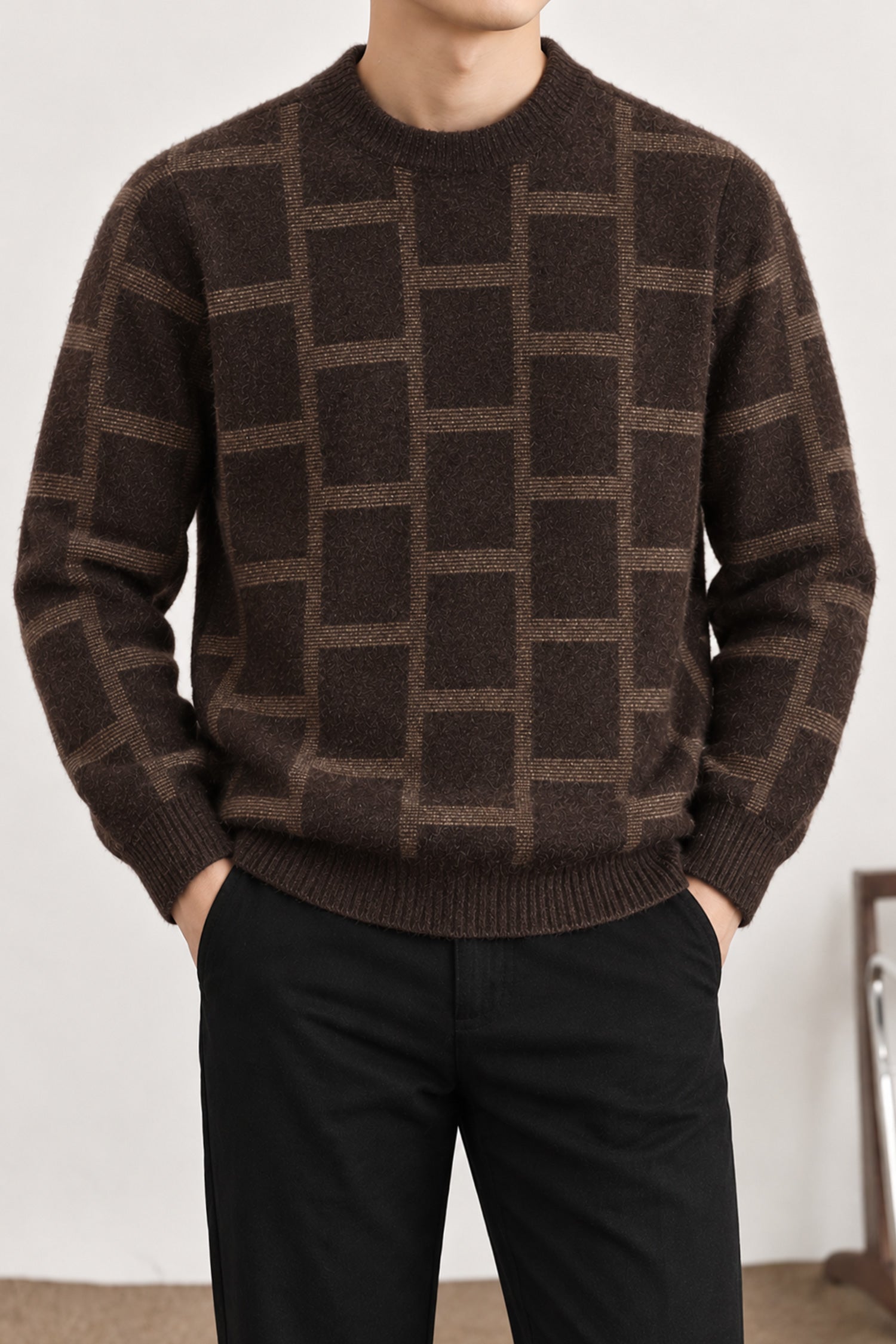 Brick Design Pattern Imported Round Neck Rabbit Wool Men's Sweater In Coffee