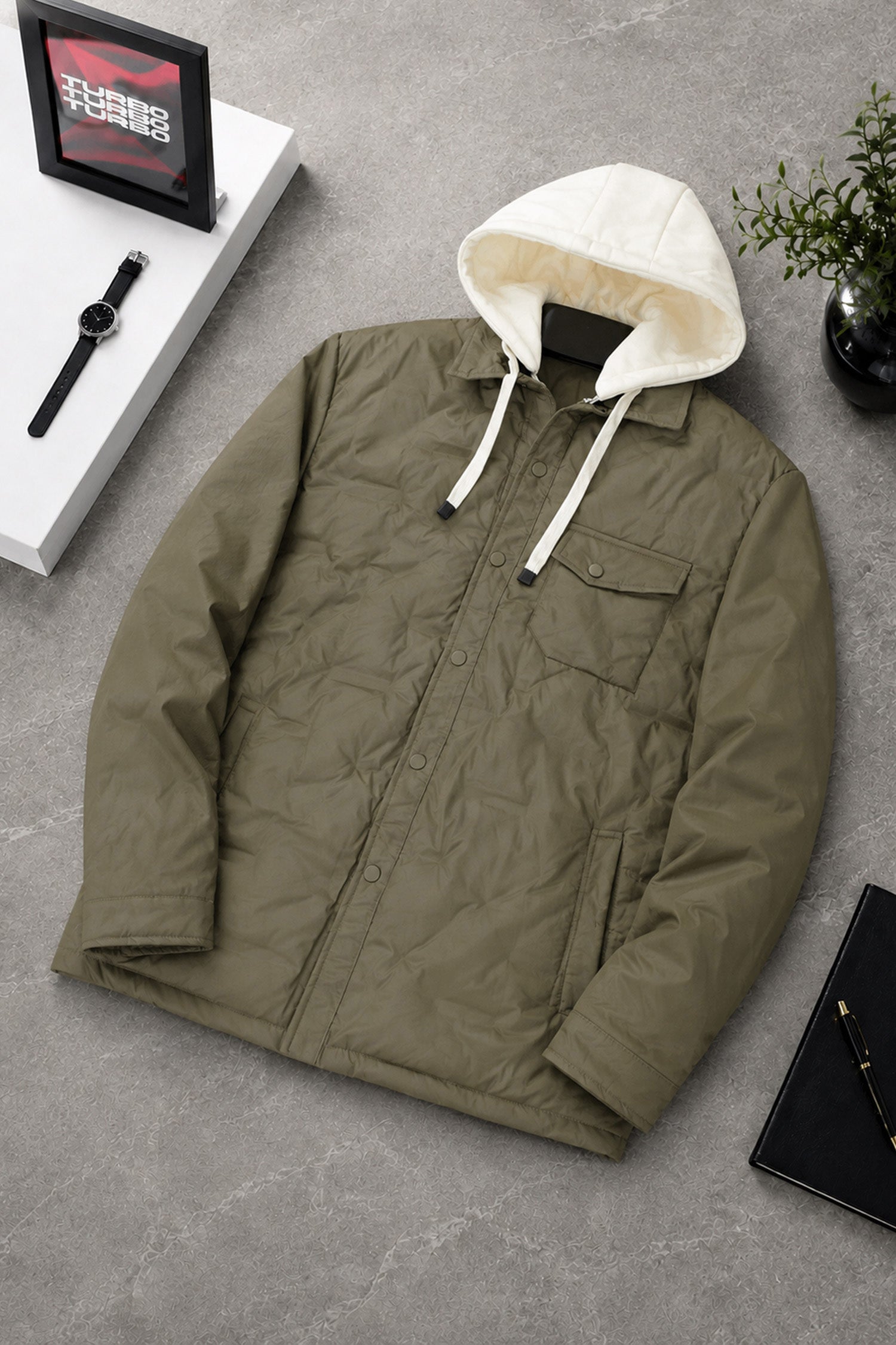 Wind Breaker Detachable Hood Imported Puffer Jacket In Coffee