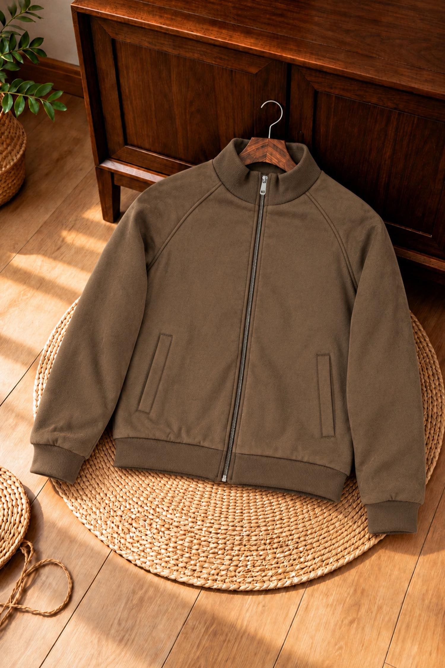 Turbo Zip-Through Mock Neck Imported Men's Suede Jacket In Coffee