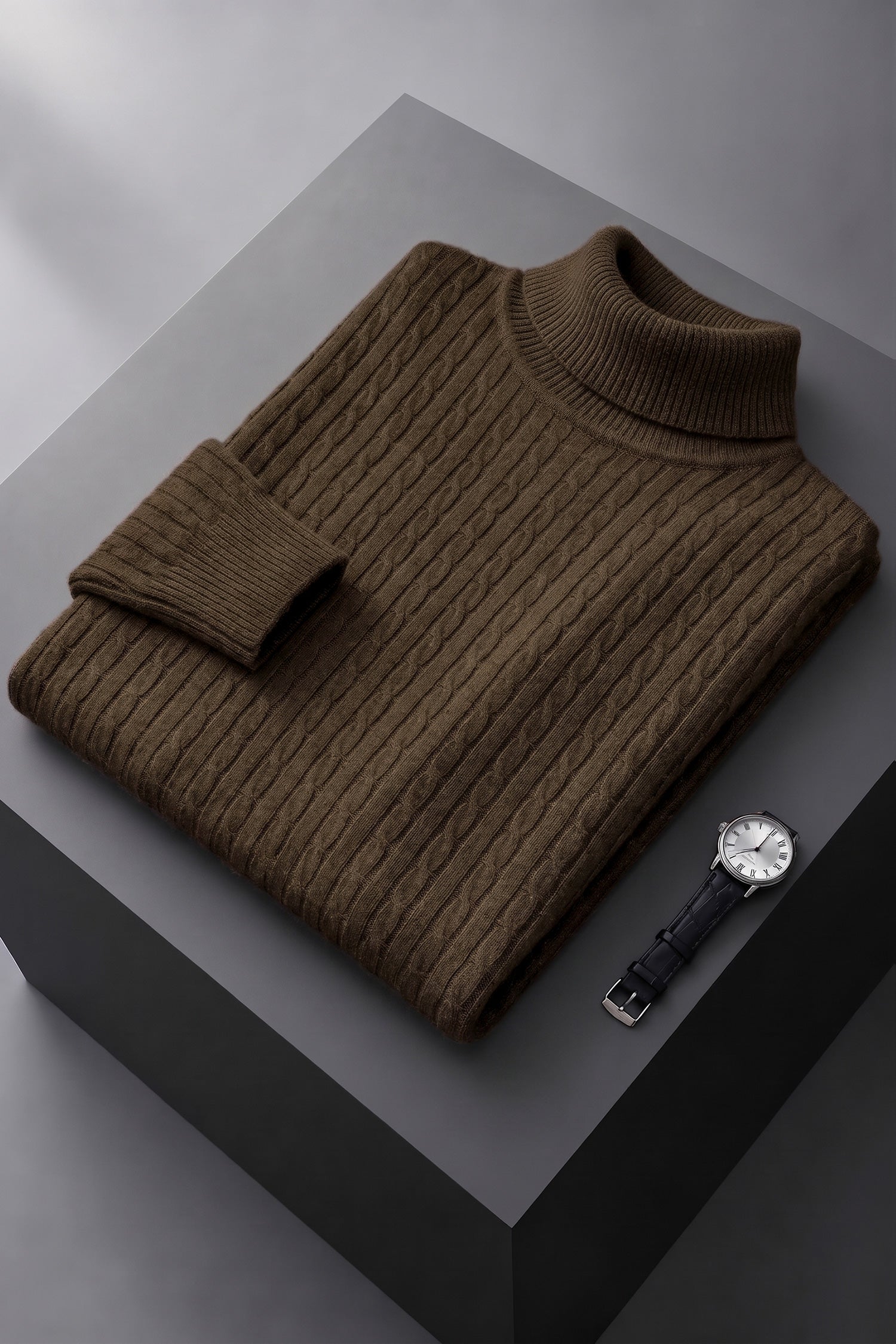 Turbo Cable-Knit Texture Turtleneck Pullover Imported High Neck In Coffee