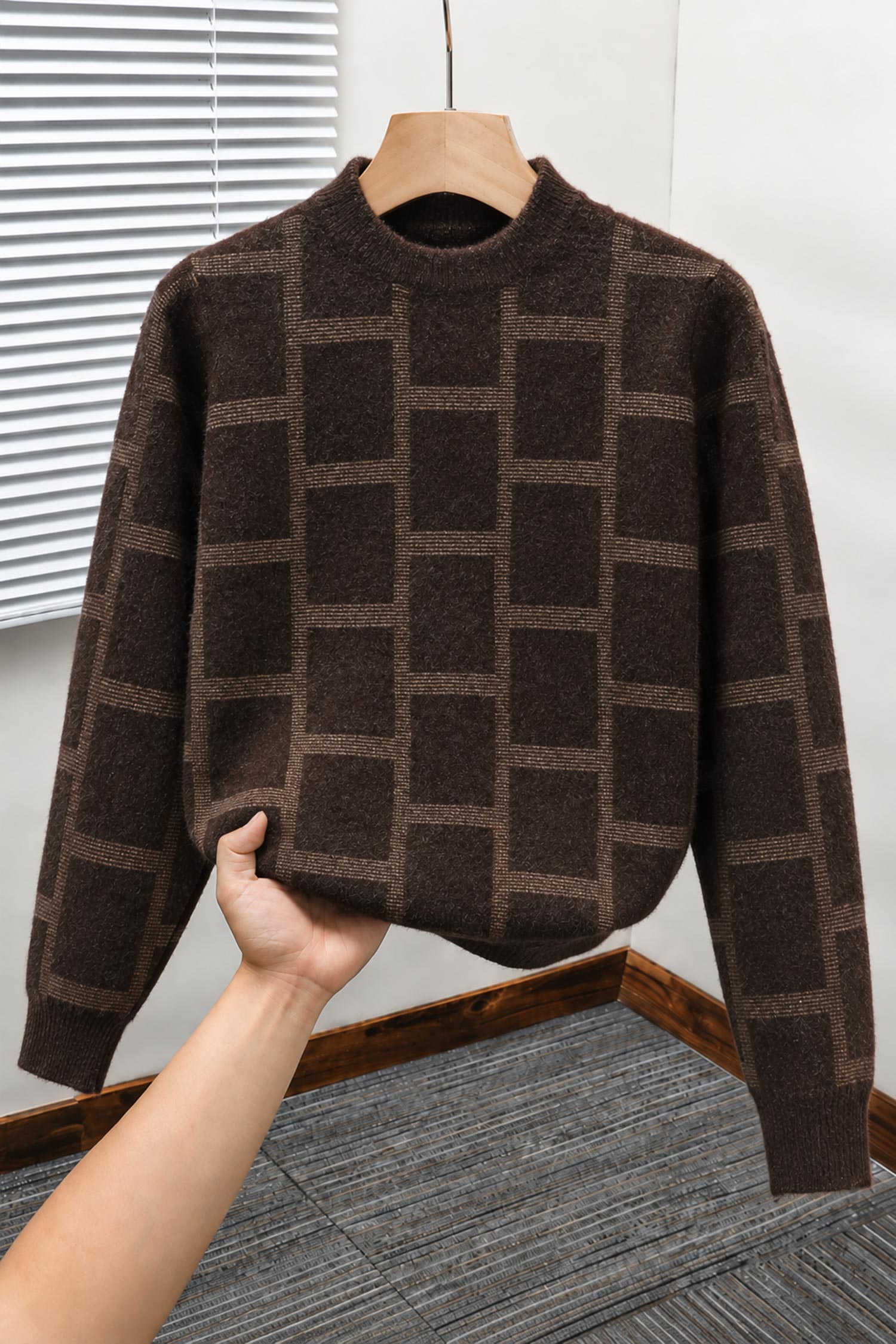 Brick Design Pattern Imported Round Neck Rabbit Wool Men's Sweater In Coffee