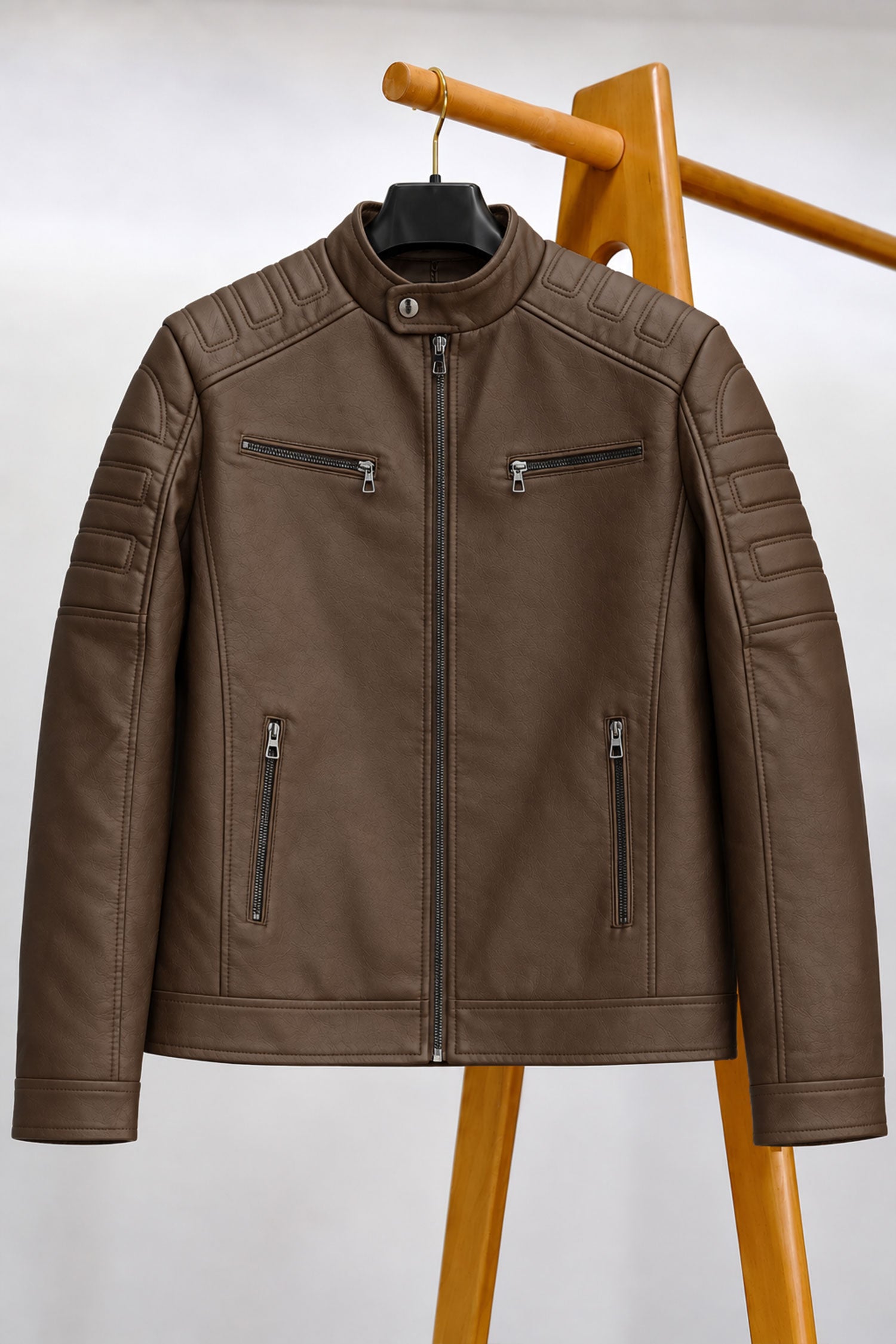 Men's Biker Style Imported Leather Jacket In Coffee