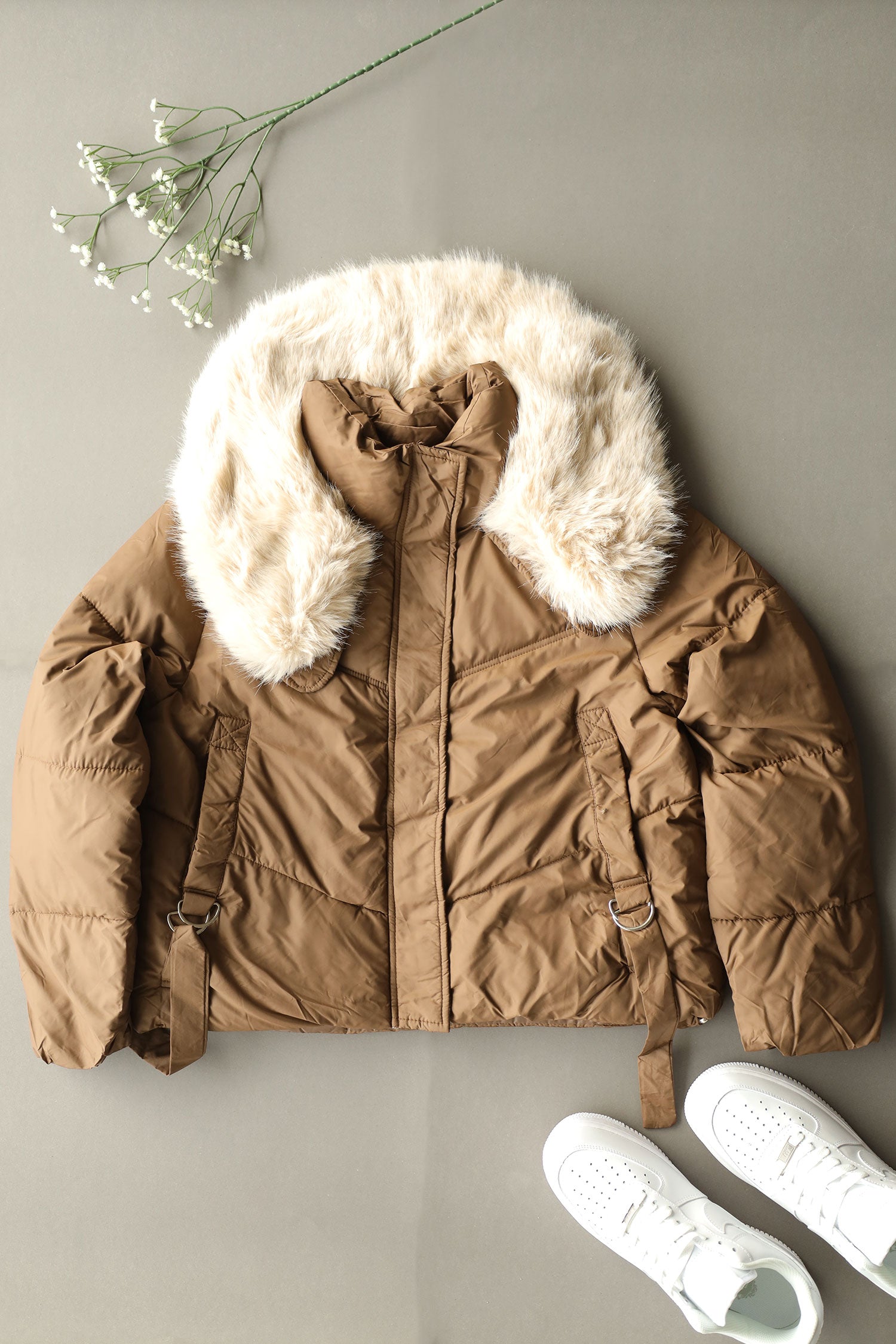 Fur Collar Trimmed Quilted Women Imported Puffer Jacket