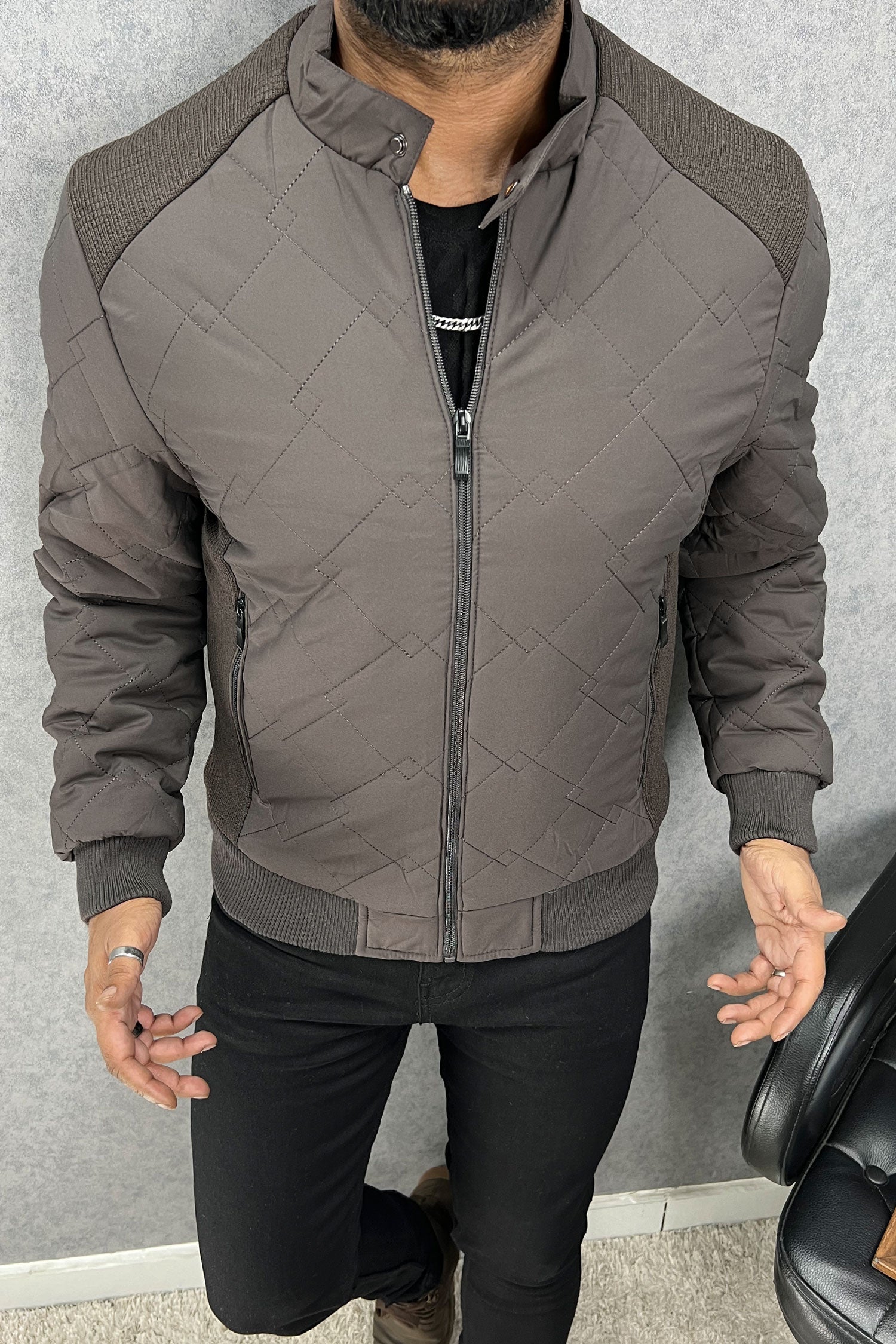 Block Stitch Texture Padded Imported Puffer Jacket