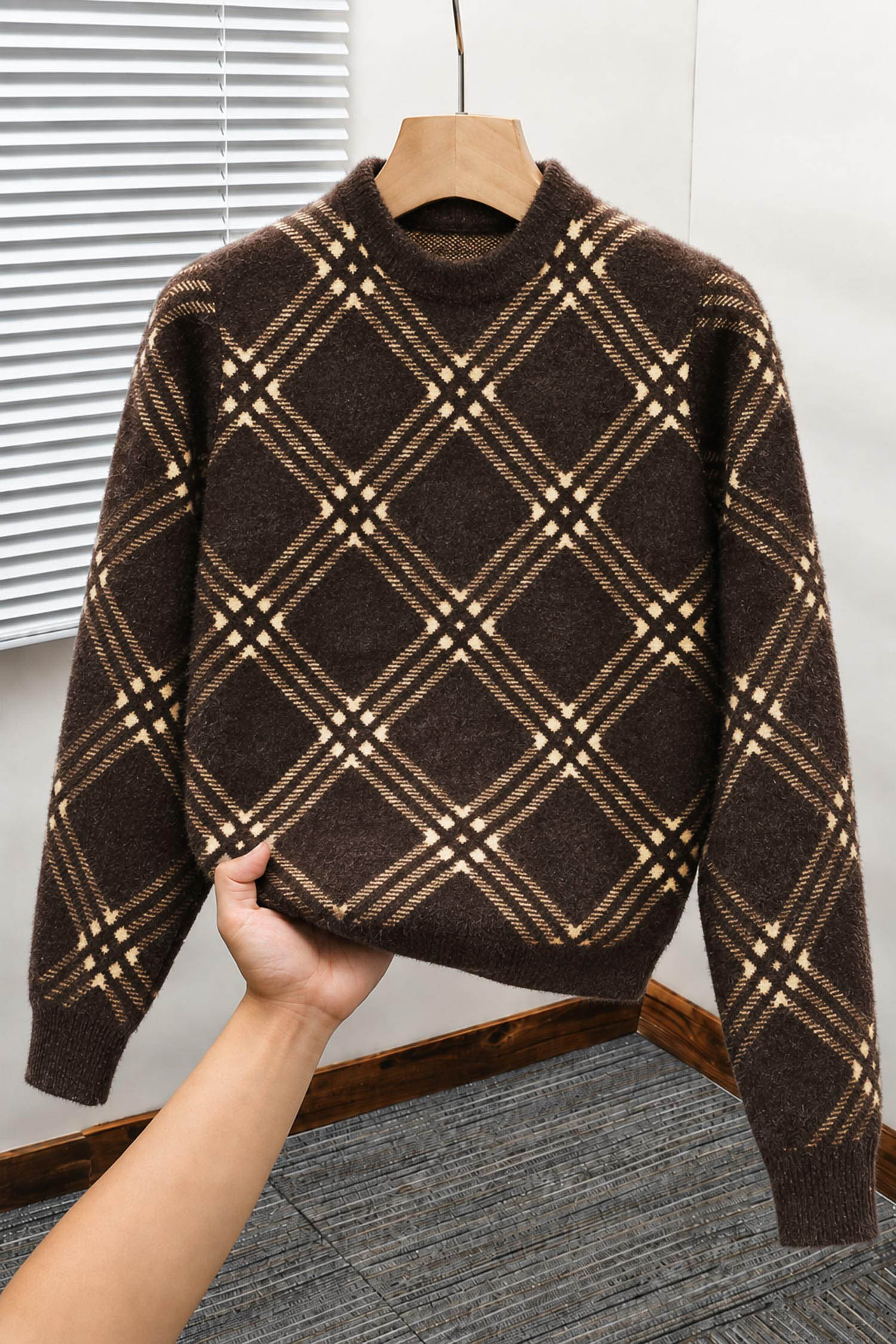Checkered Plaid Pattern Imported Round Neck Rabbit Wool Men's Sweater In Coffee