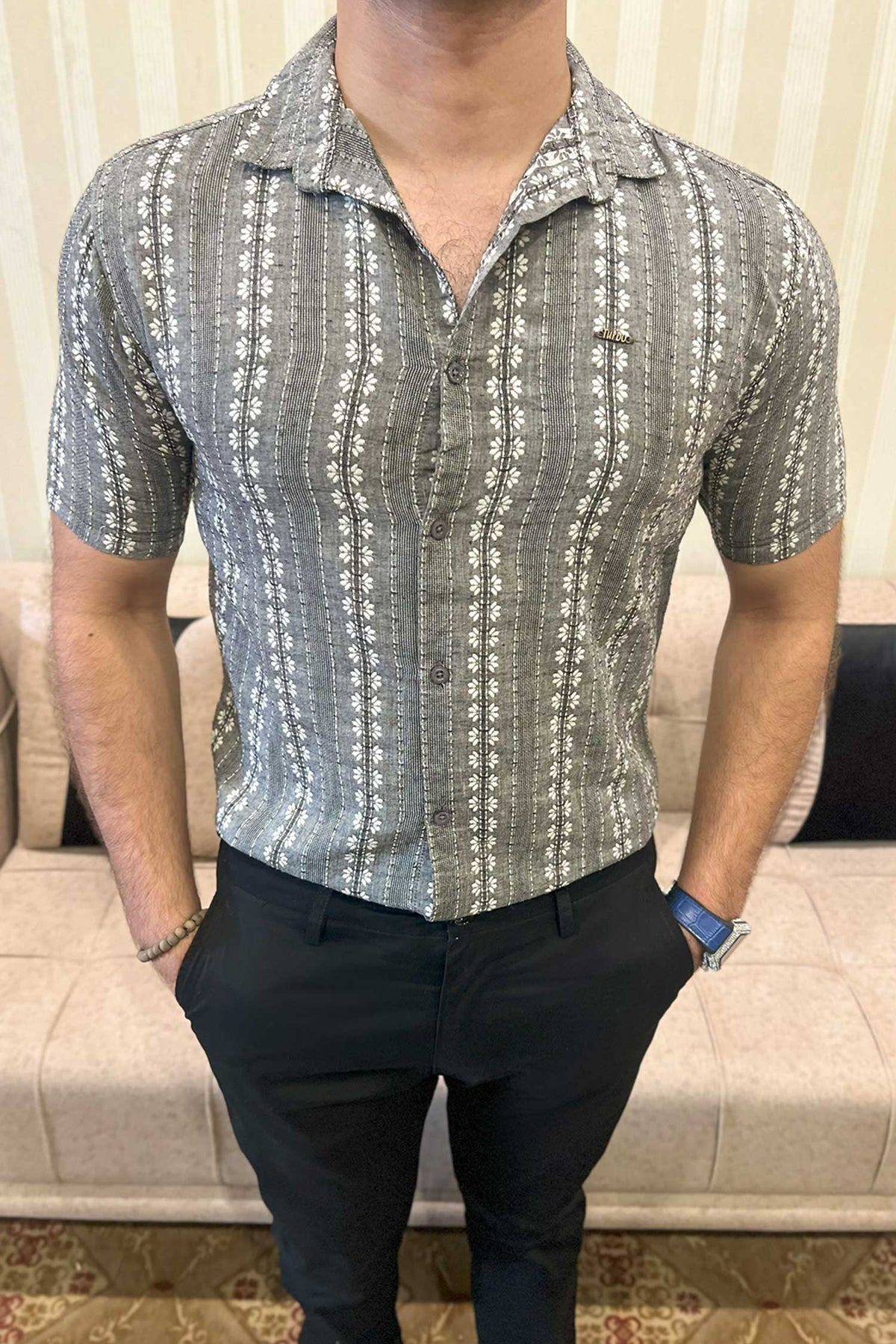 Turbo Cubin Textured Striped Casual Shirt In Charcoal Grey