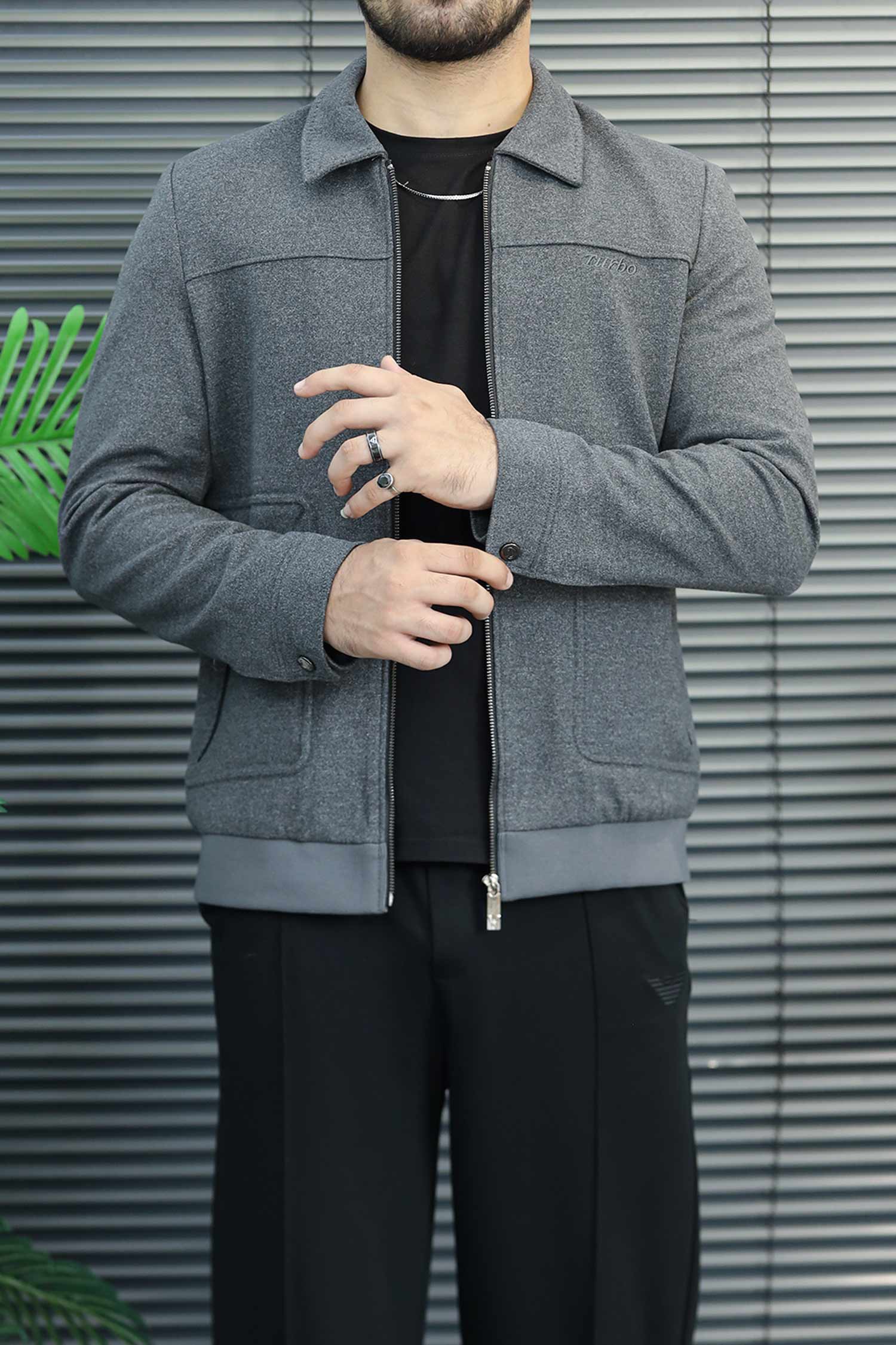Turbo Zip-Through Trucker Imp Men's Wool Jacket In Charcoal Grey