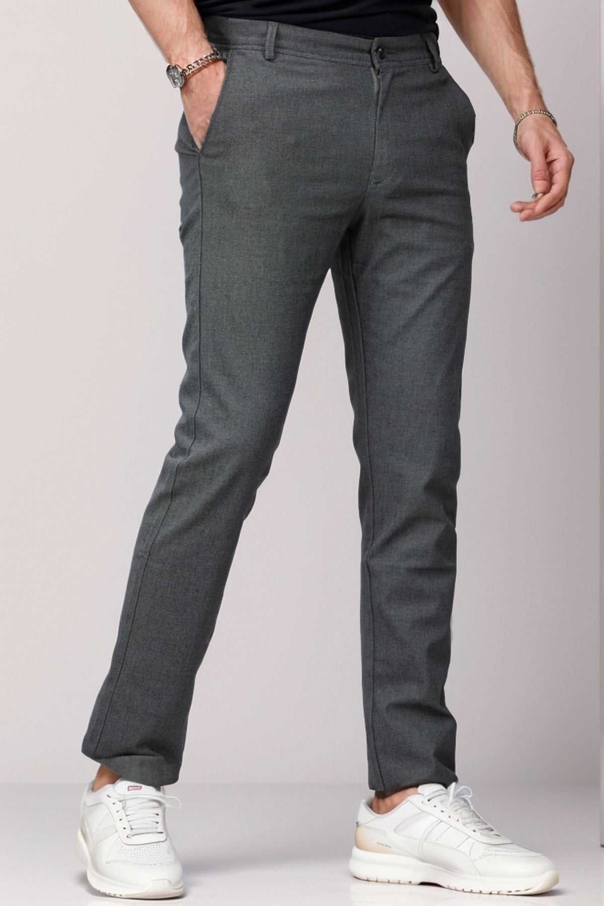 Self Textured Men's SlimFit Cotton Pant in Charcoal Grey