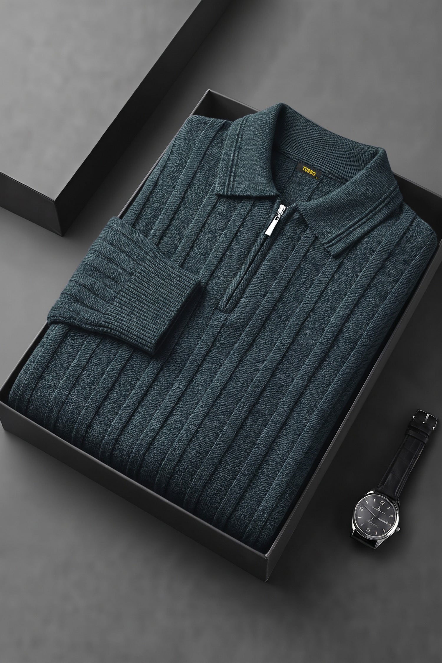 Turbo X Polo Ribbed Texture Quarter-Zip Imported Men's Jumper Sweater In Charcoal Grey