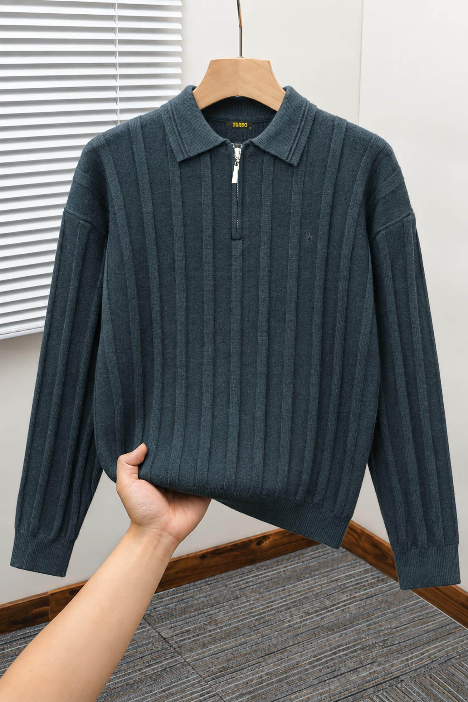 Turbo X Polo Ribbed Texture Quarter-Zip Imported Men's Jumper Sweater In Charcoal Grey