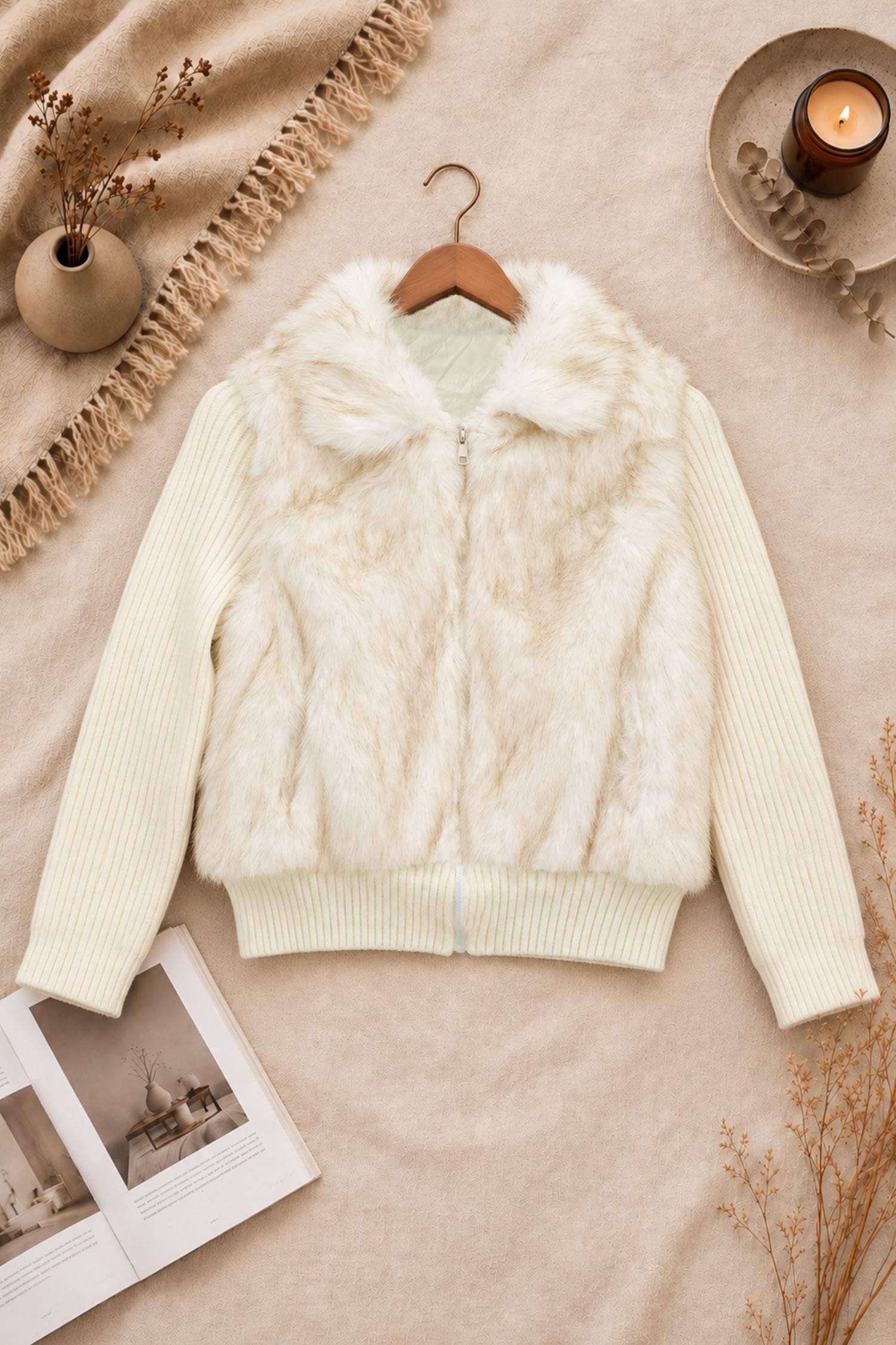 Women Torso & Ribbed Knit Imported Fur Jacket In Cream