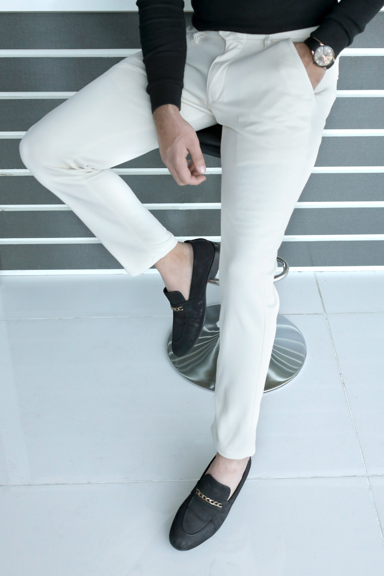 Elegant Self Texture Knitted Cotton Ankle fit Pant In Creem