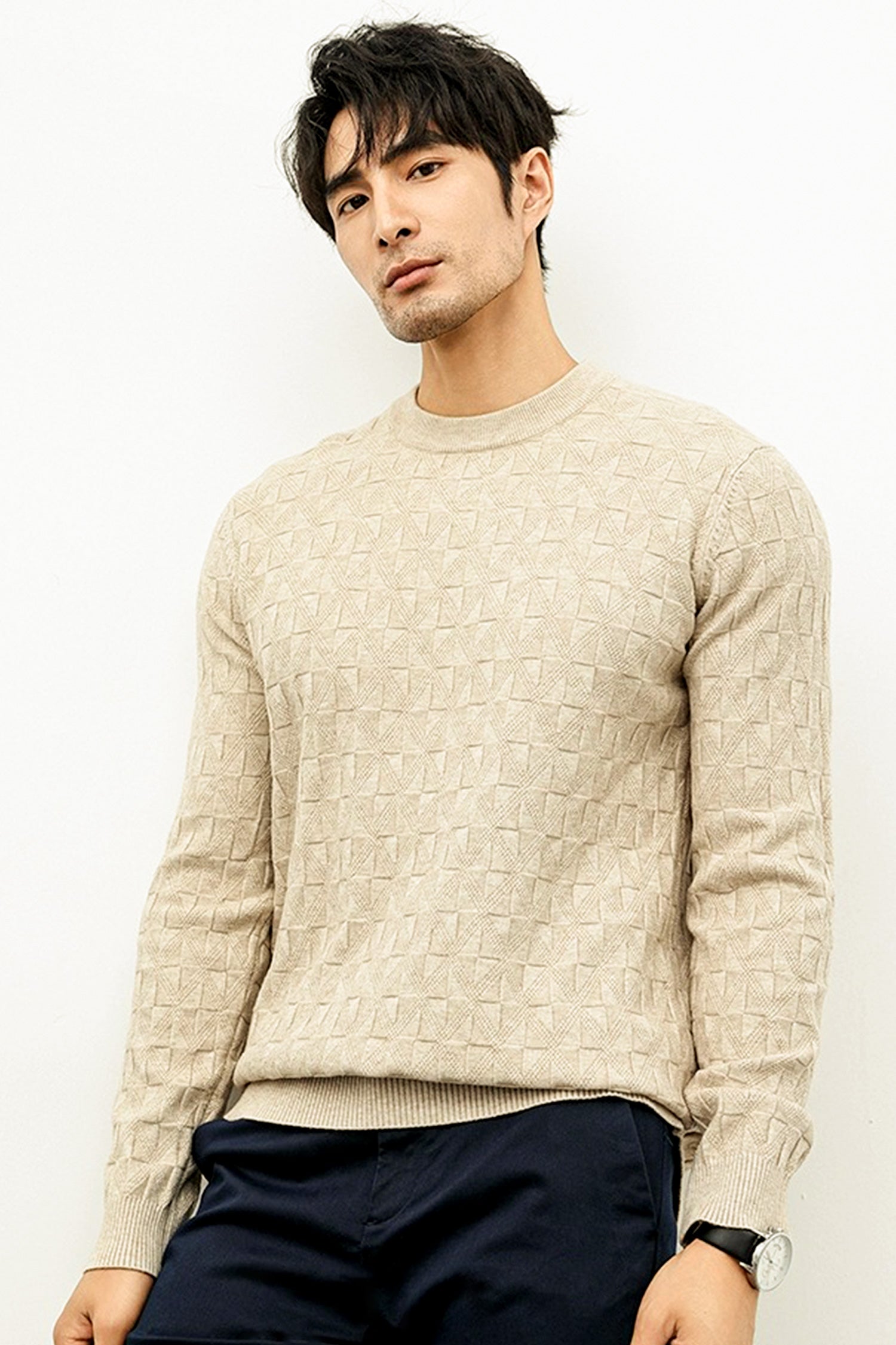 Power Look Patterened Crew-Neck Imported Men's Sweater
