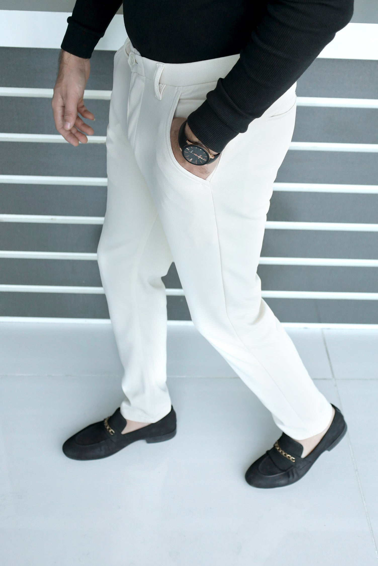 Elegant Self Texture Knitted Cotton Ankle fit Pant In Creem