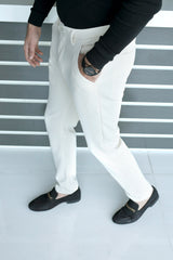 Elegant Self Texture Knitted Cotton Ankle fit Pant In Creem