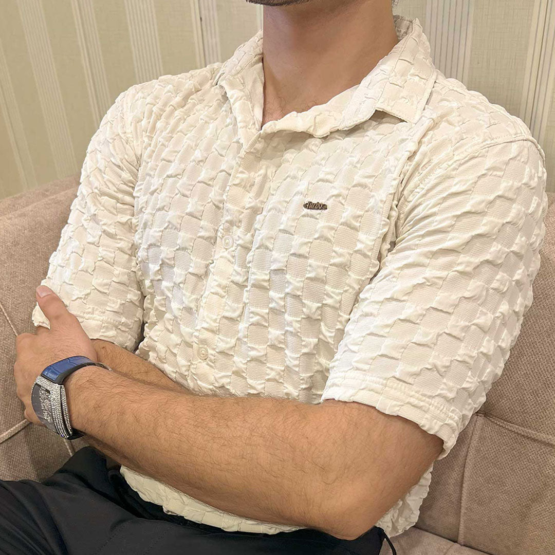 Turbo Puff Structured Pattern Casual Shirt In Creem