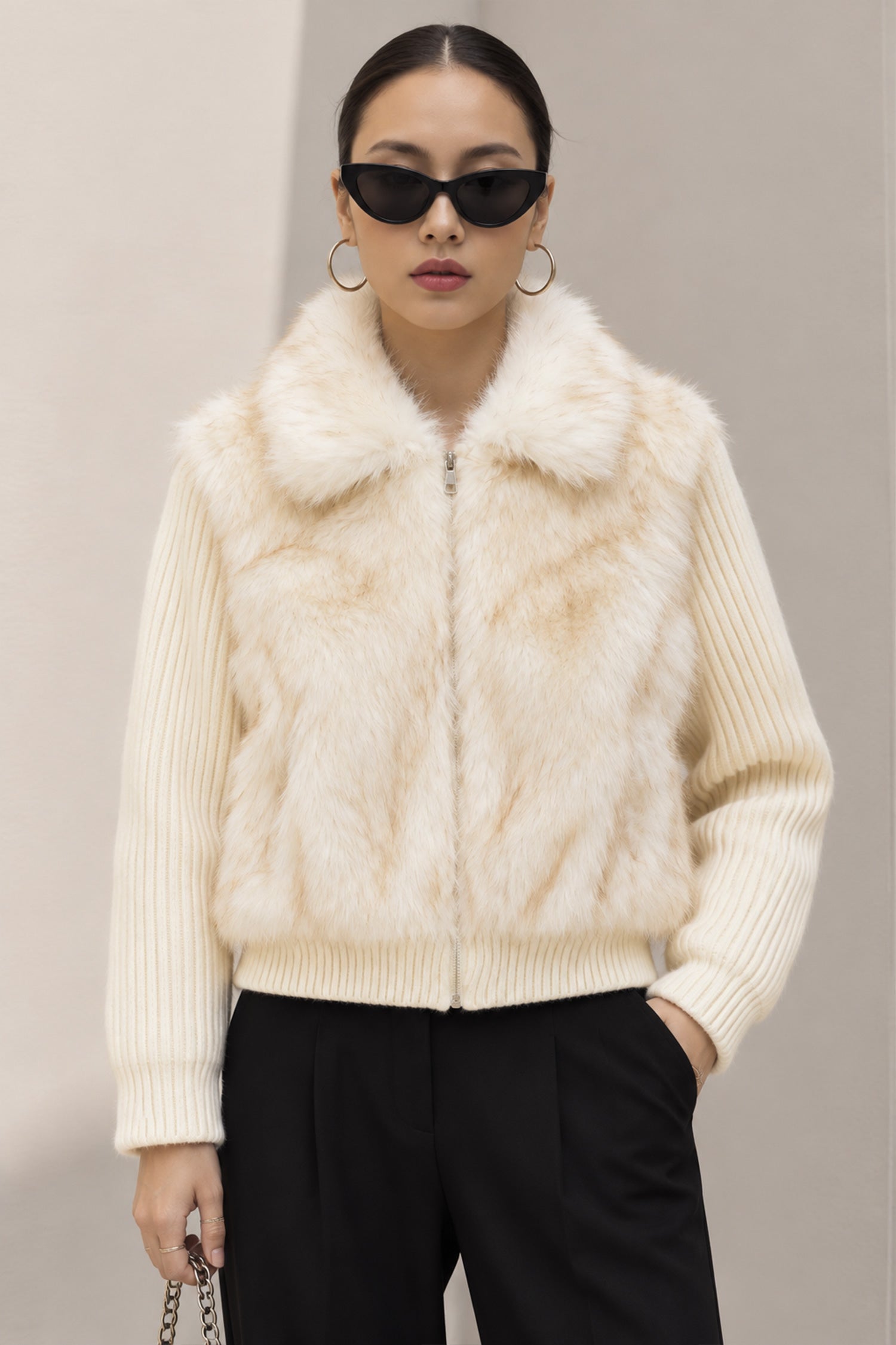 Women Torso & Ribbed Knit Imported Fur Jacket In Cream