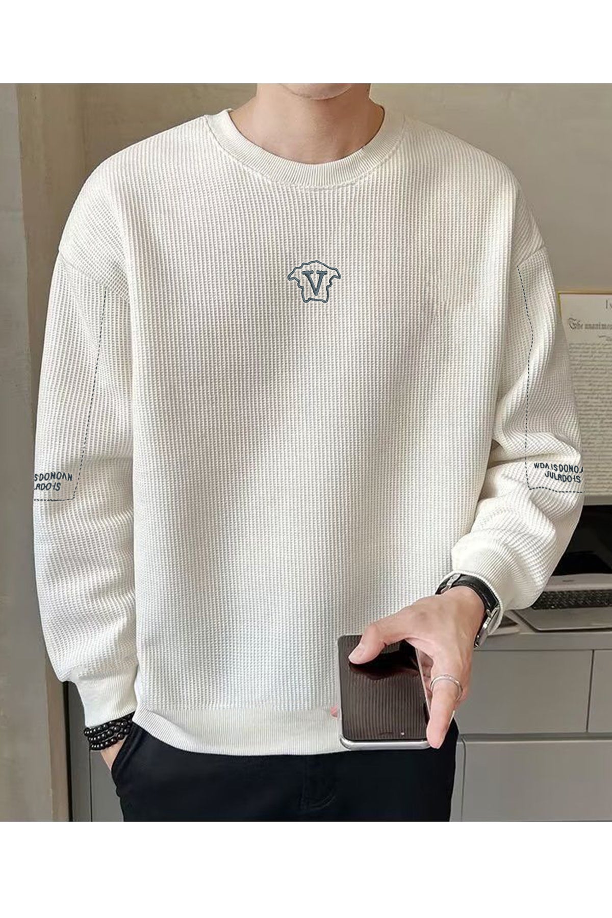 Lining Pattern Round Neck Imported Men's Sweatshirt In Creem