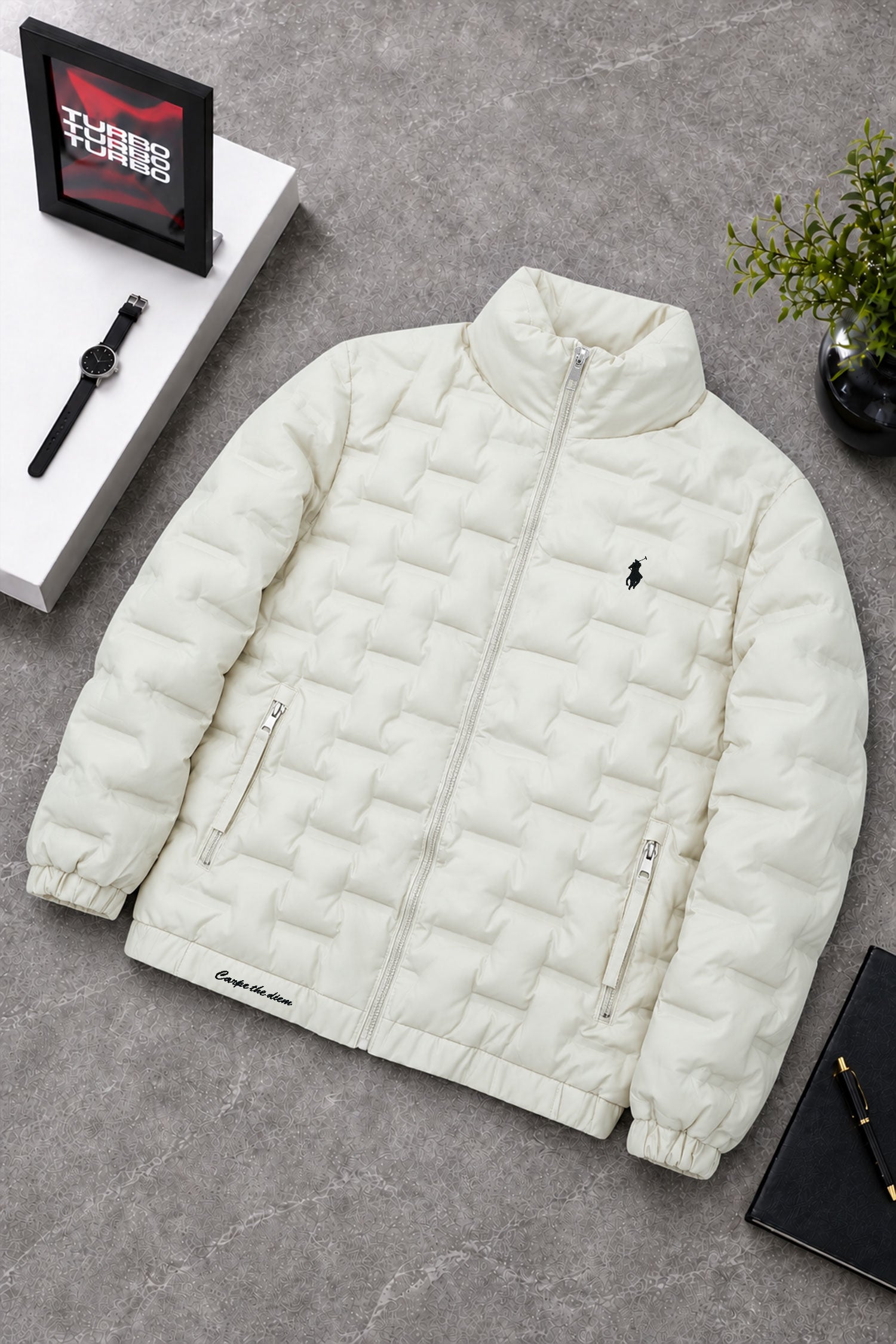 Polo Brick-Quilted Pattern Imported Puffer Jacket In Cream