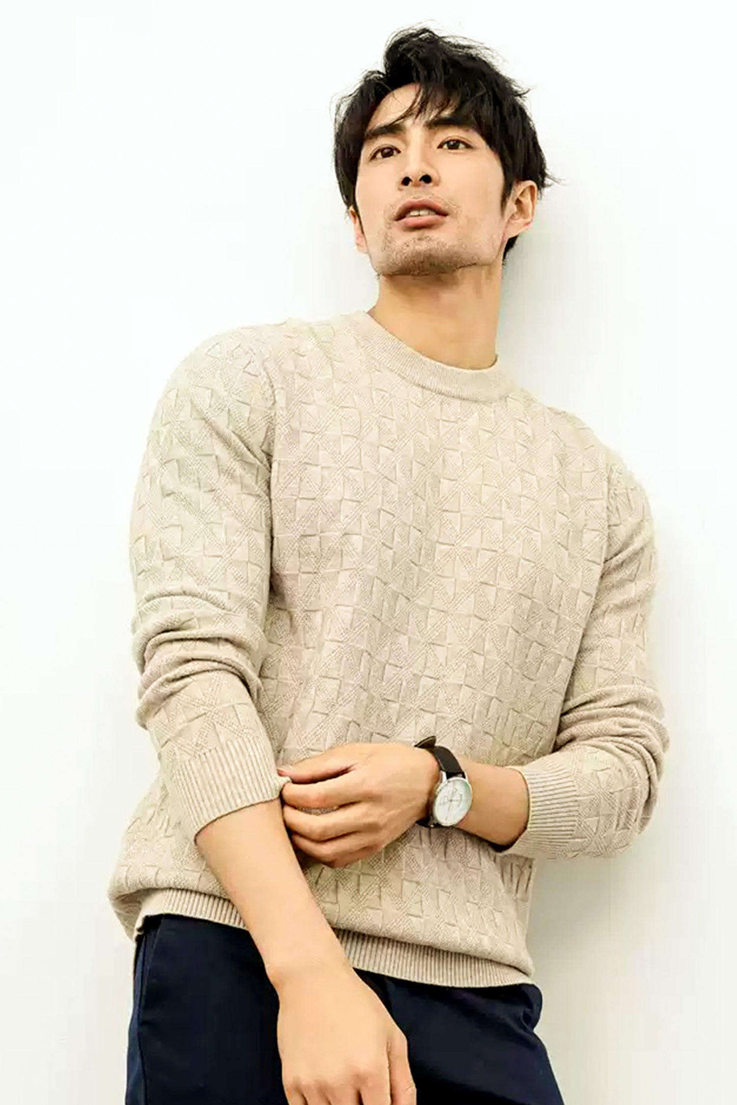 Power Look Patterened Crew-Neck Imported Men's Sweater