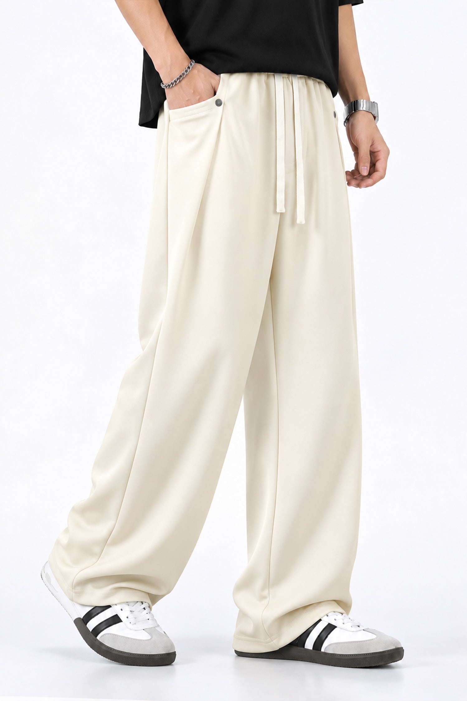 Turbo Drawstring Loose Bottom Trouser In Creem