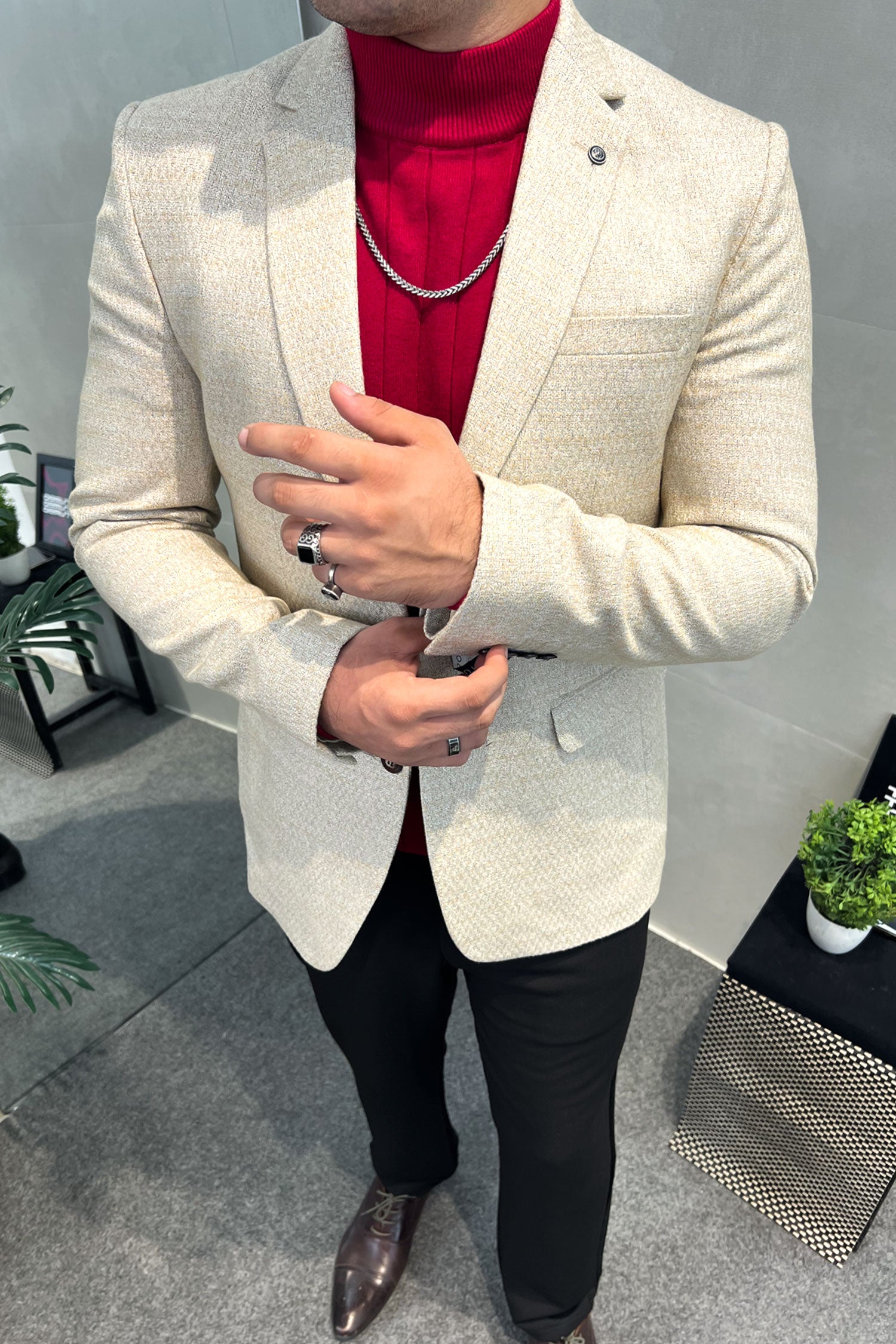 Turbo Cross-Hatch Texture Imported Men Blazer In Cream