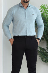 Turbo Vintage Patterend Long Sleeve Cotton Casual Shirt In Cyan