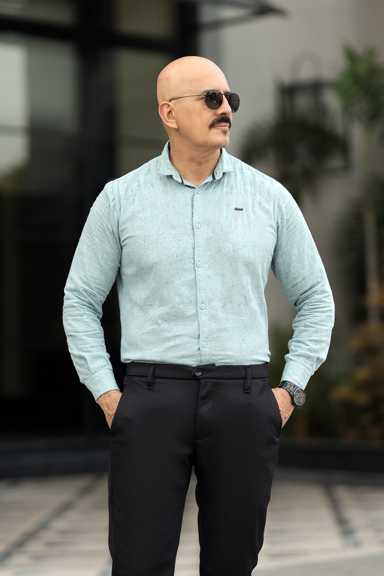 Turbo Vintage Patterend Long Sleeve Cotton Casual Shirt In Cyan