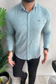 Turbo Vintage Patterend Long Sleeve Cotton Casual Shirt In Cyan