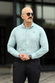 Turbo Vintage Patterend Long Sleeve Cotton Casual Shirt In Cyan