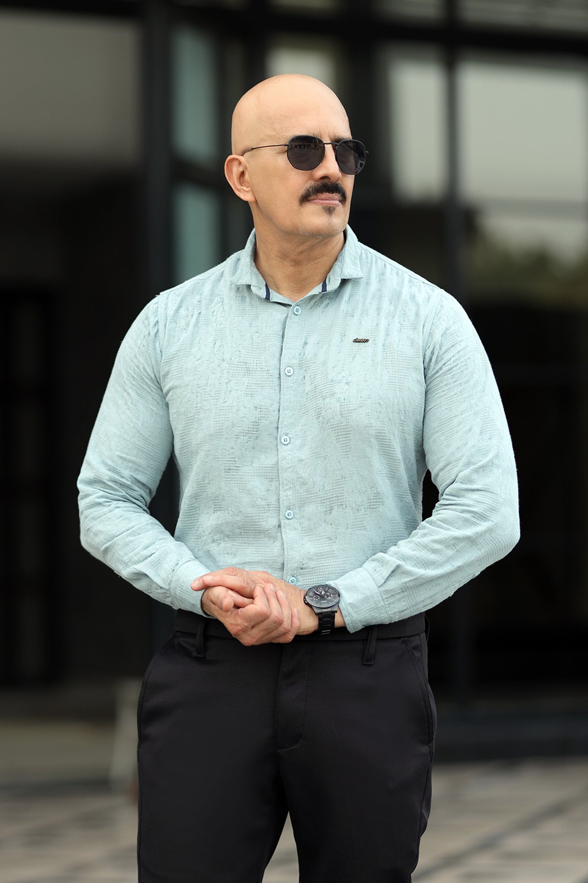 Turbo Vintage Patterend Long Sleeve Cotton Casual Shirt In Cyan